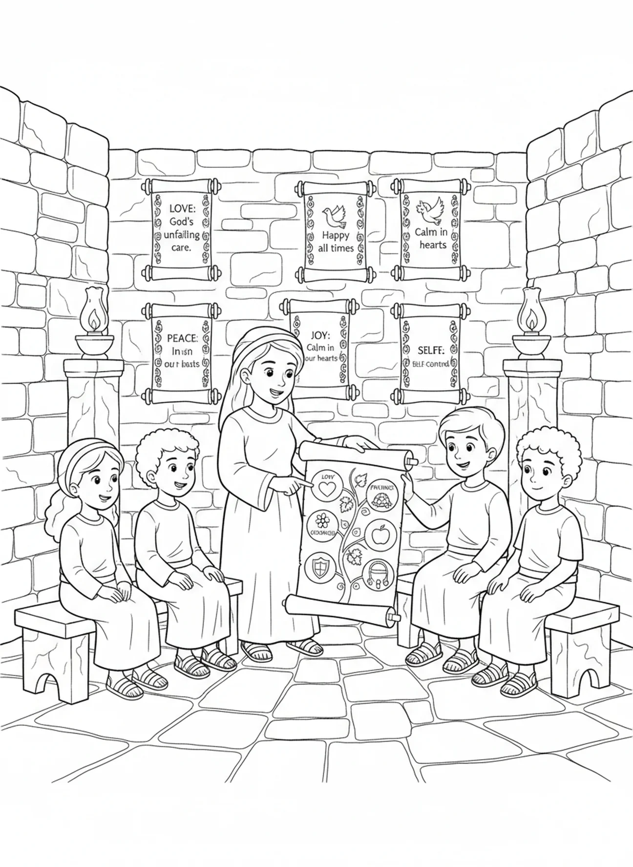 Children learning about the Fruits of the Spirit, Fruits Of Spirit All coloring page for Sunday school children age 5-12.
