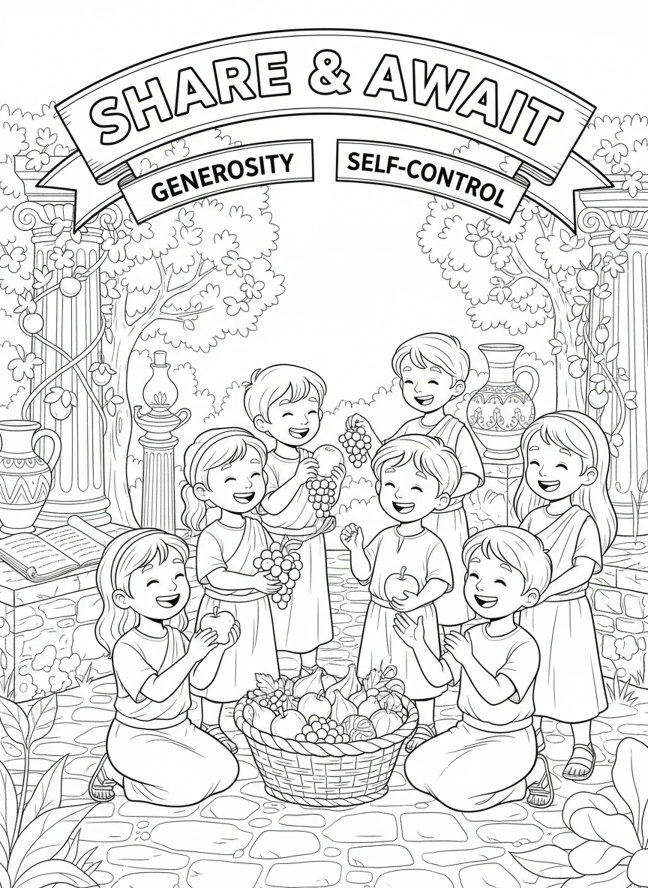 Children sharing gathered fruits, Fruits Of Spirit All coloring page for Sunday school children age 5-12.