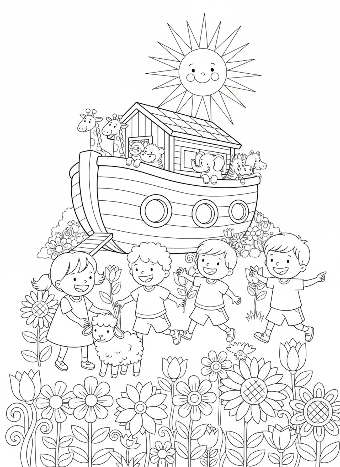 Gruppe von Kindern, die mit einem Lamm spielen, Lamm Gottes Ausmalbild für Kinder im Alter von 5-10 Jahren