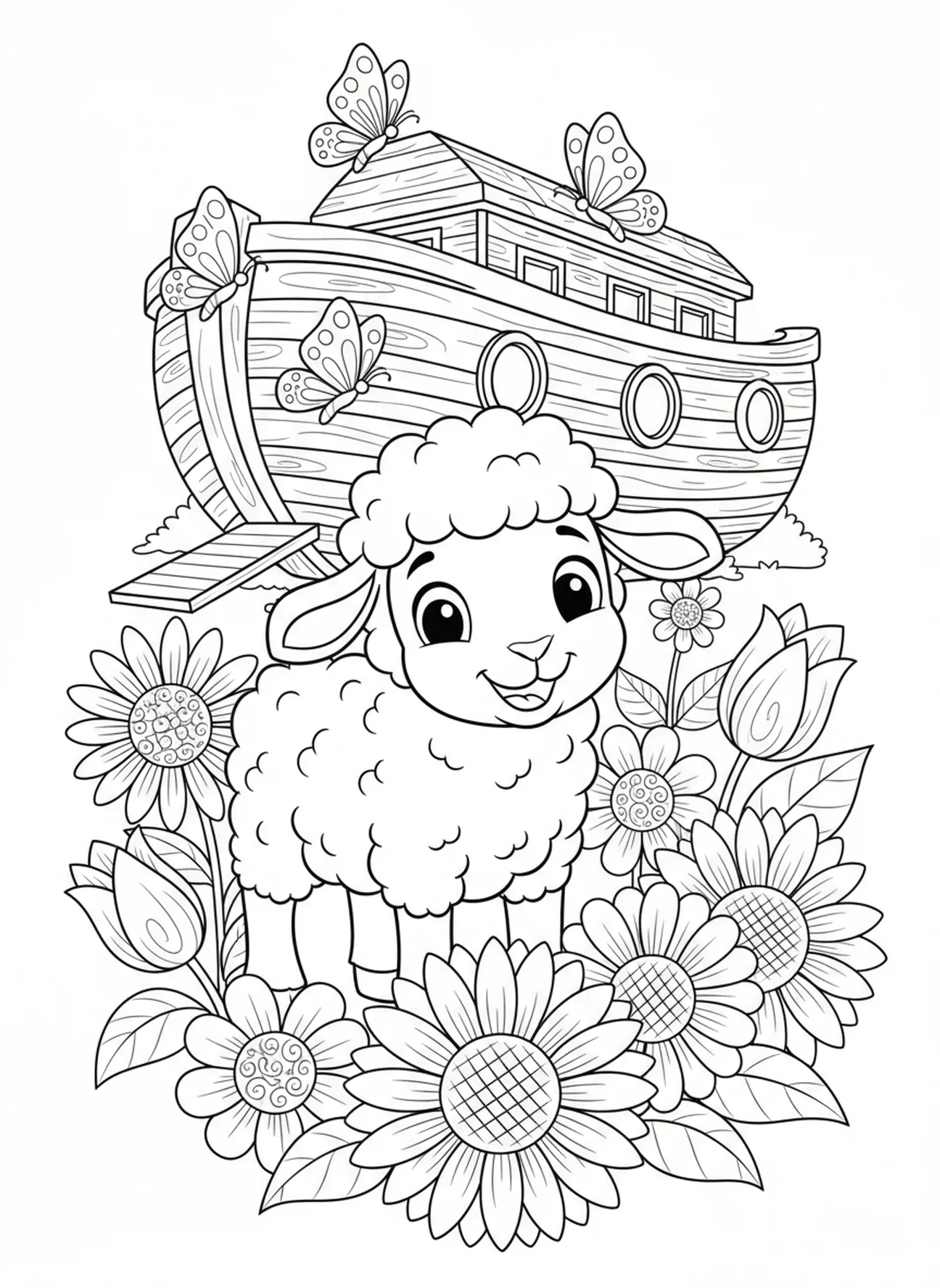 Niedliches Lamm umgeben von Blumen, Lamm Gottes Malvorlage für Kinder im Alter von 5-10 Jahren