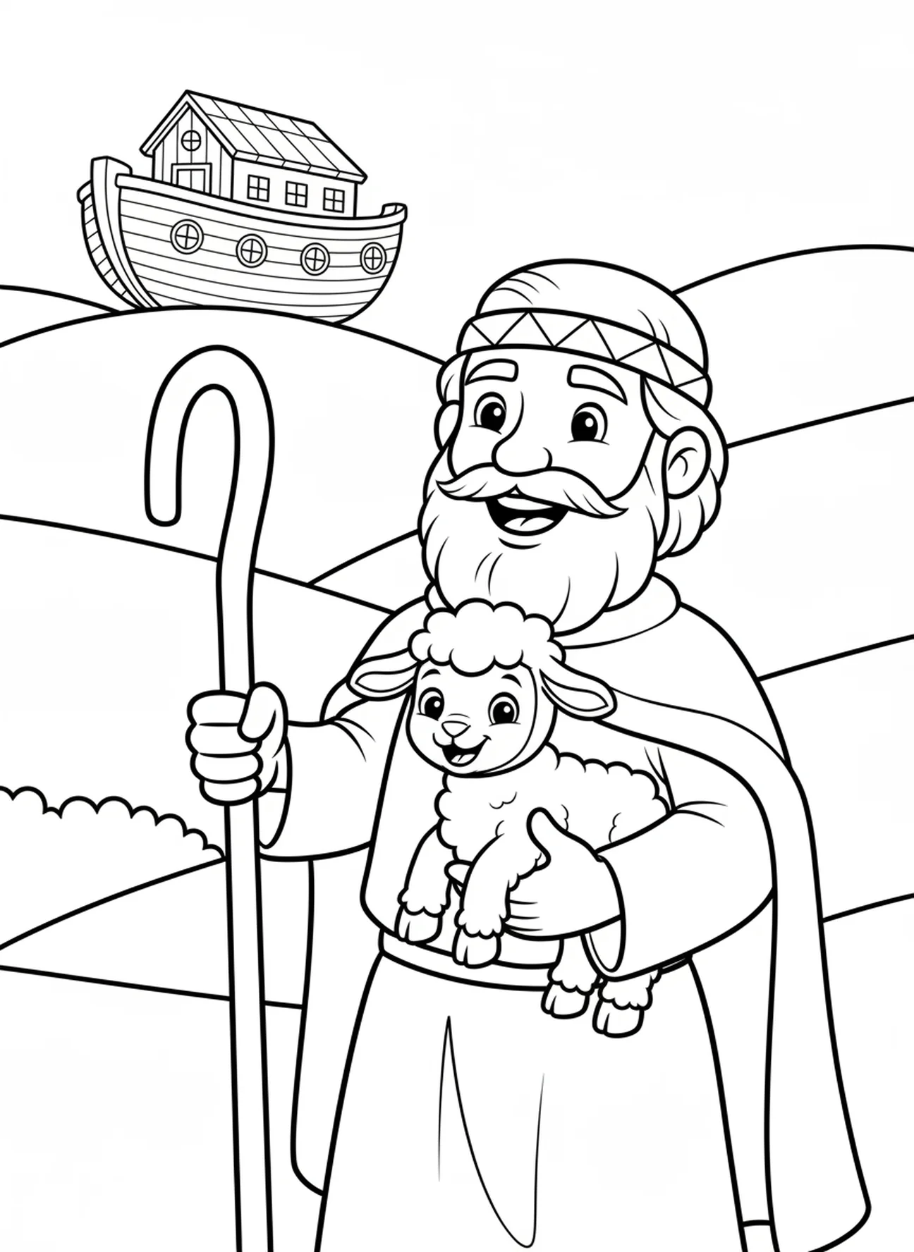 Freundlicher Hirte mit Lamm, Lamm Gottes Malvorlage für Kinder im Alter von 5-10 Jahren