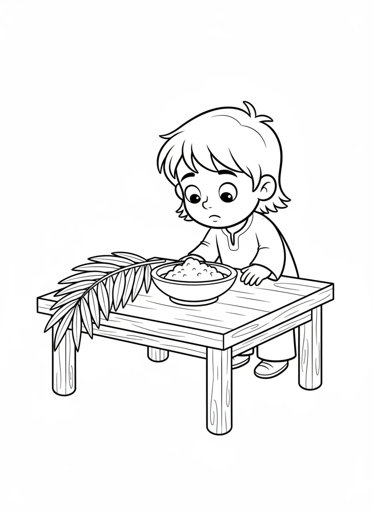 Kind schaut auf eine Schüssel mit Asche, Ausmalbild für den Aschermittwoch für Kinder im Alter von 5-10 Jahren.
