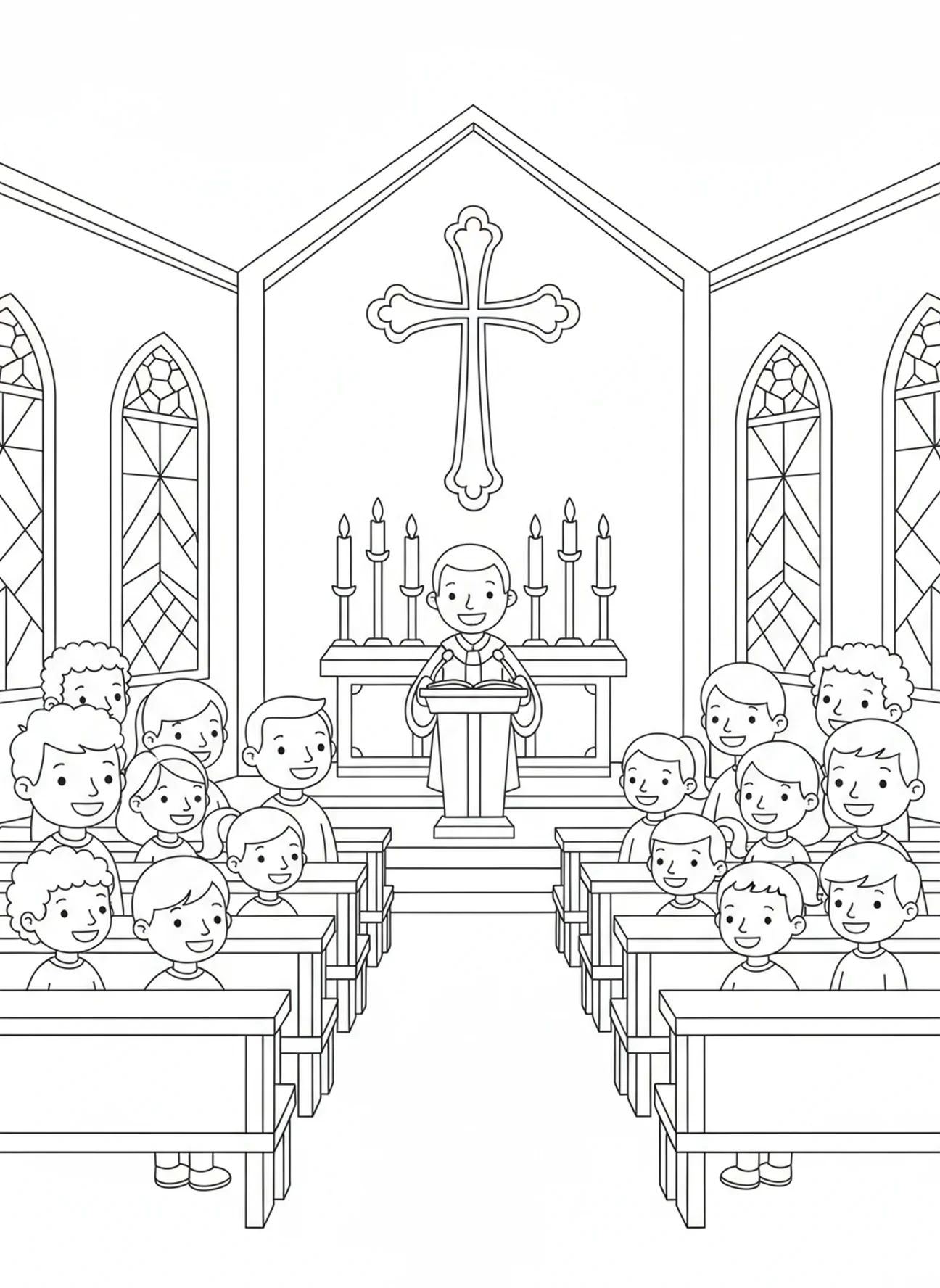 Familien versammelt in der Kirche, Ausmalbild für den Aschermittwoch für Kinder im Alter von 5-10 Jahren.