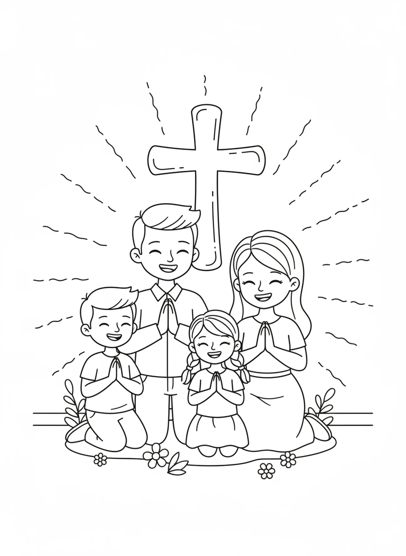 Familie betet gemeinsam, Ausmalbild für Aschermittwoch für Kinder im Alter von 5-10 Jahren.