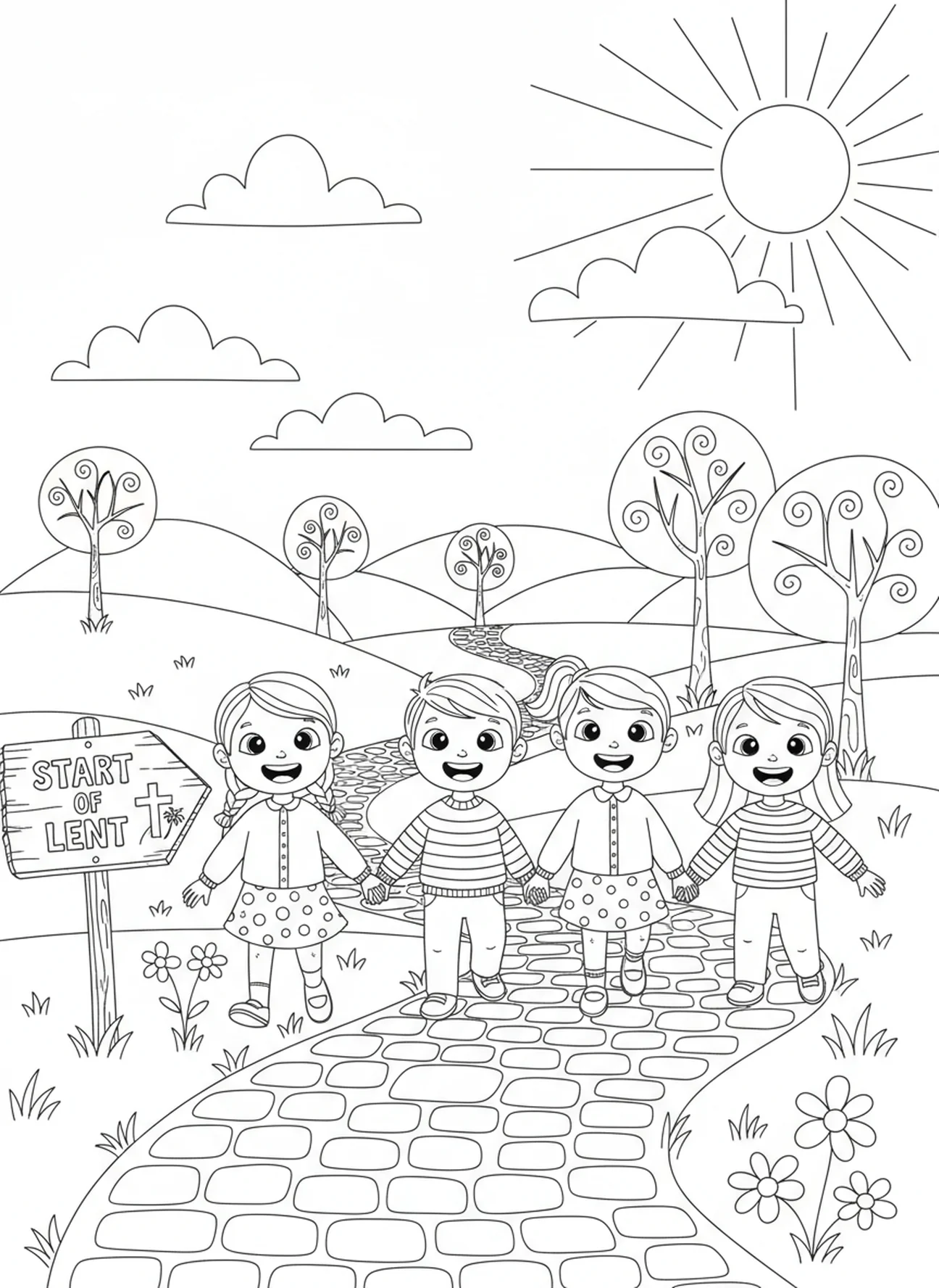 Kinder gehen auf einem Weg, Ausmalbild für den Aschermittwoch für Kinder im Alter von 5-10 Jahren.