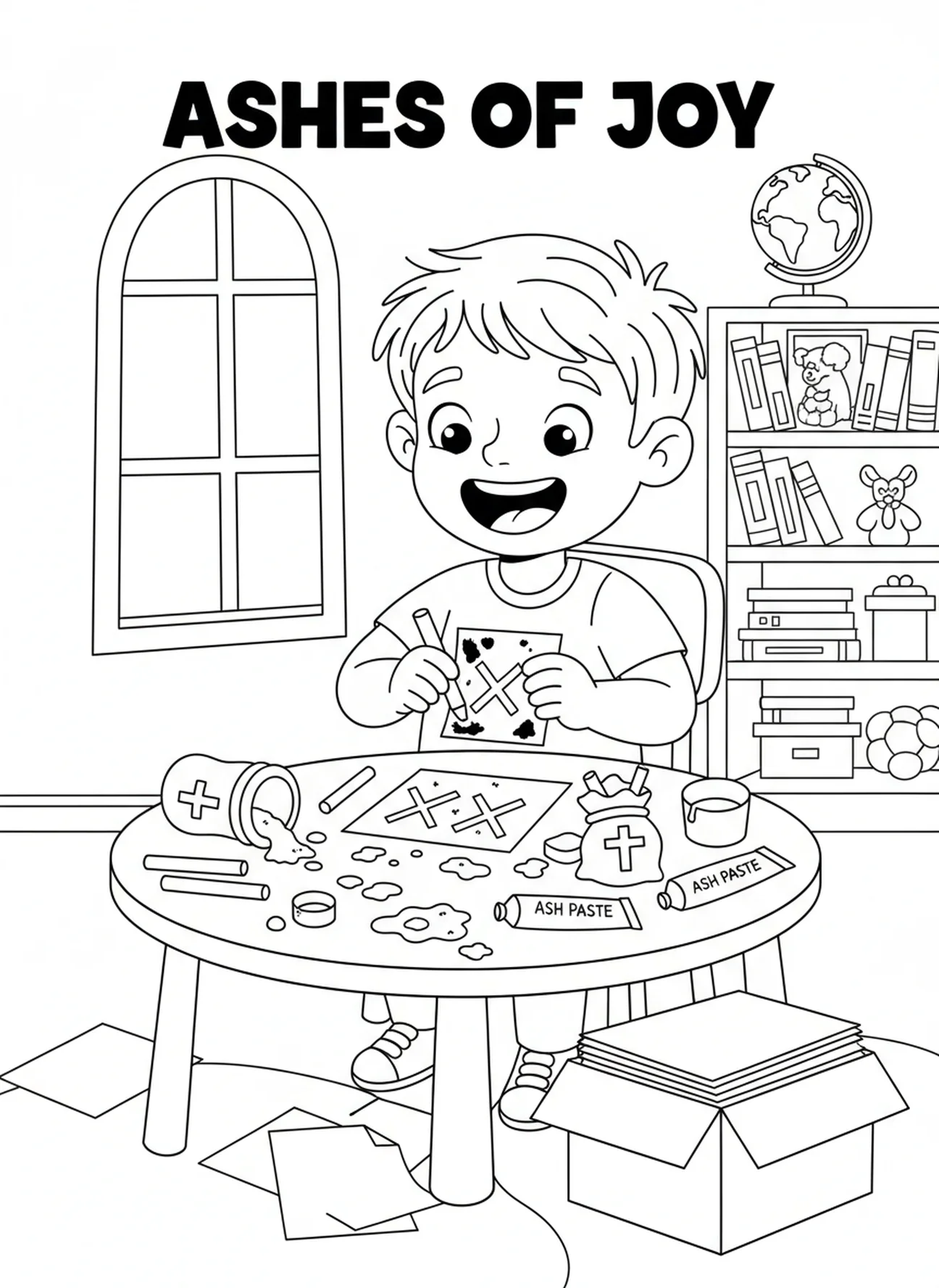 Kind macht Aschekreuze auf Papier, Ausmalbild für den Aschermittwoch für Kinder im Alter von 5-10 Jahren.