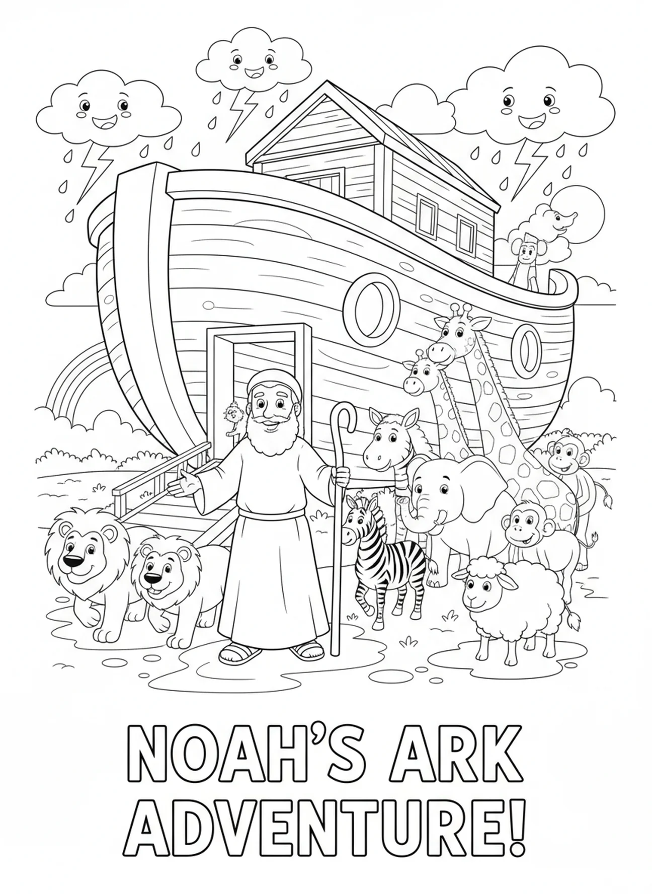 Noah mit Tieren, Ausmalbild über die Liebe für Kinder im Alter von 5-10 Jahren