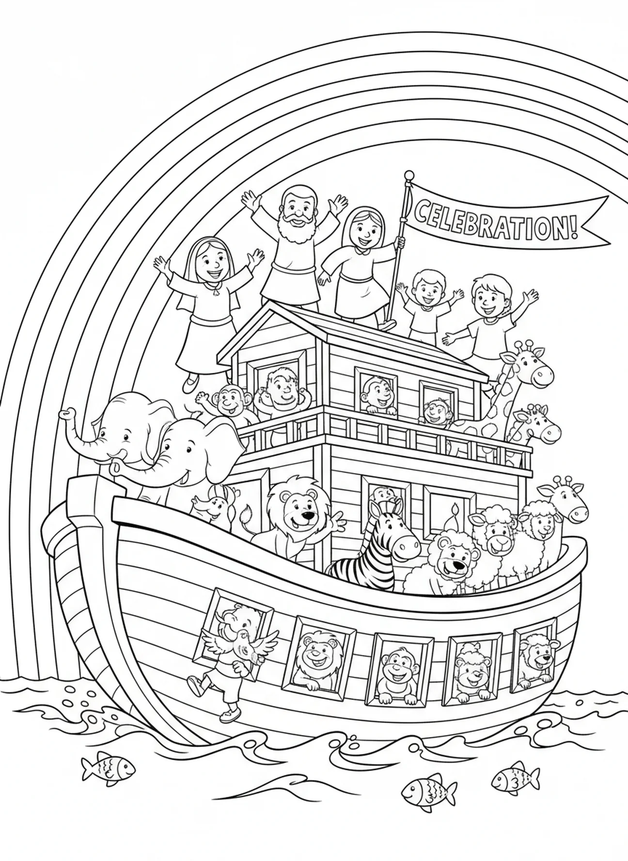 Noah und der Regenbogen, Ausmalbild über die Liebe für Kinder im Alter von 5-10 Jahren