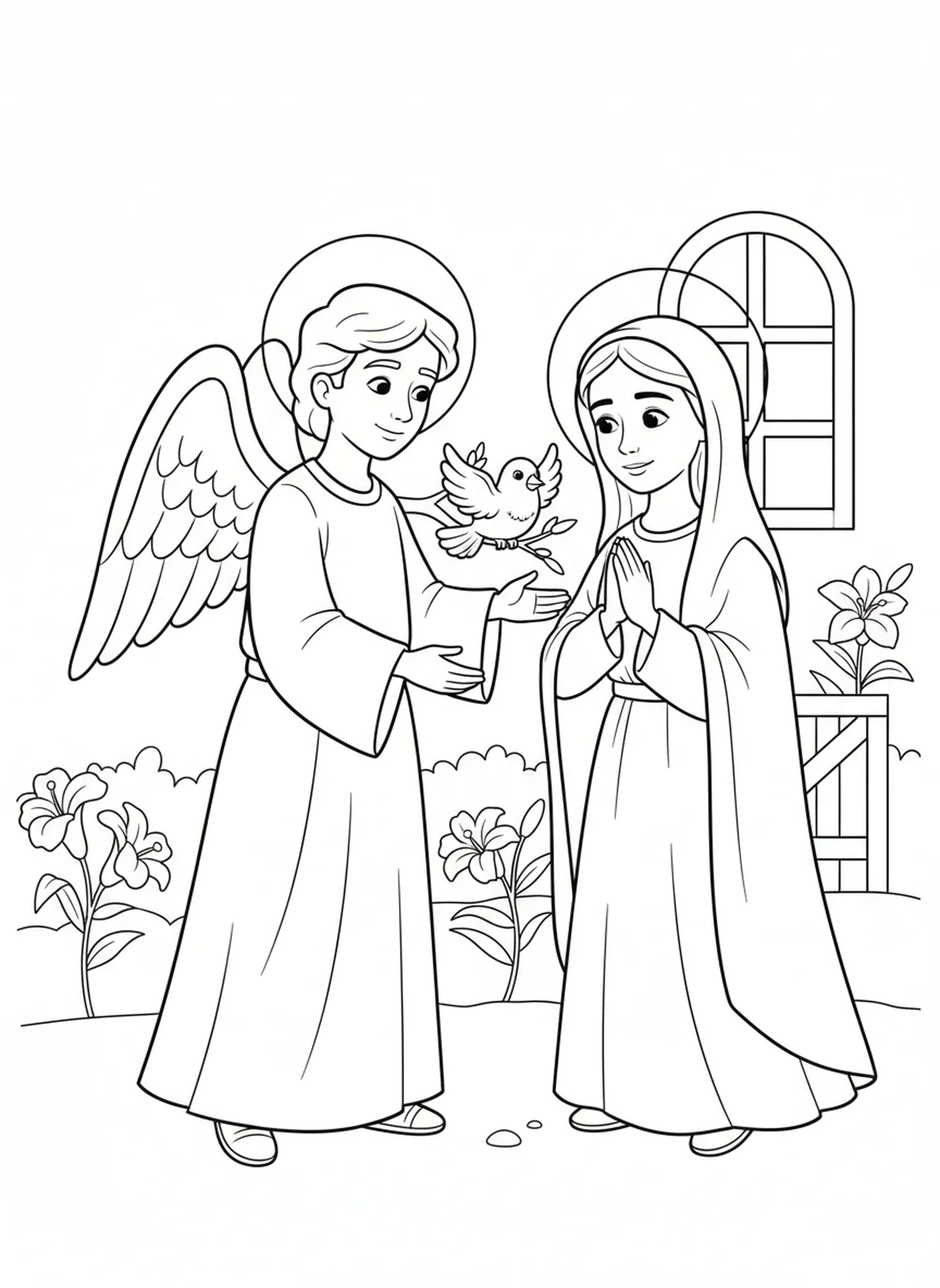 Mary accepting, Annunciation coloring page for kids age 5-10