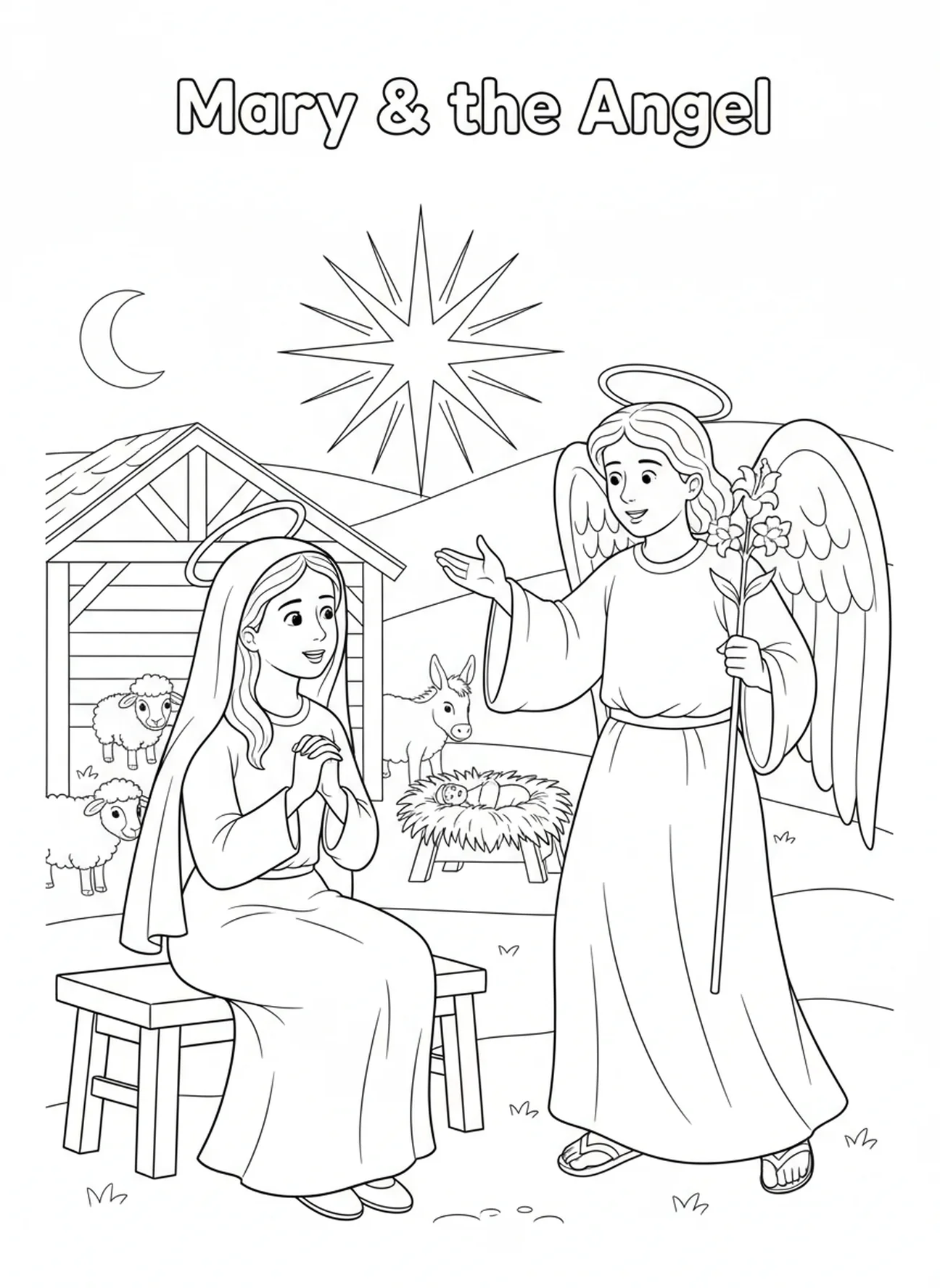 Mary listening, Annunciation coloring page for kids age 5-10