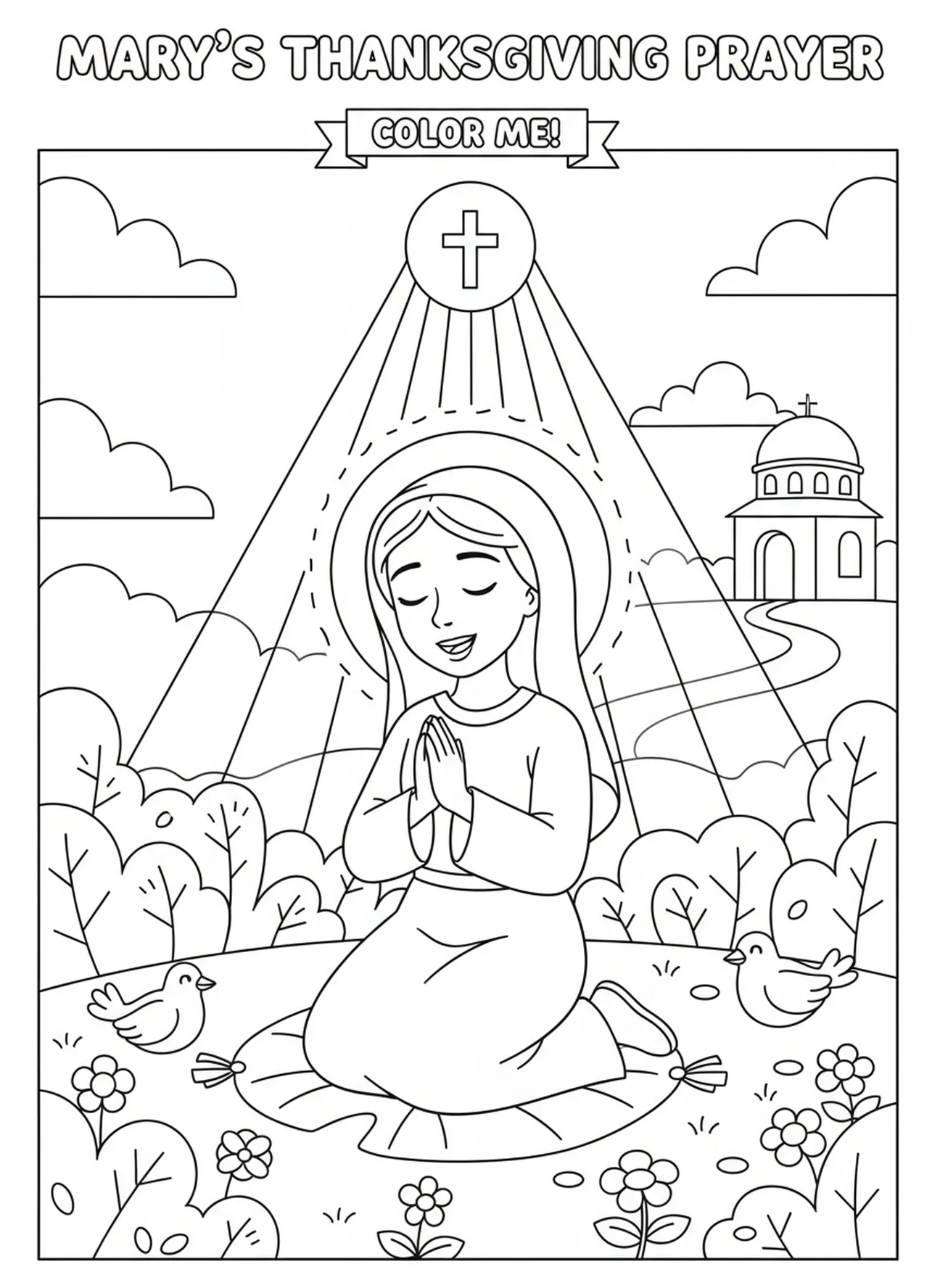 Mary praying, Annunciation coloring page for kids age 5-10