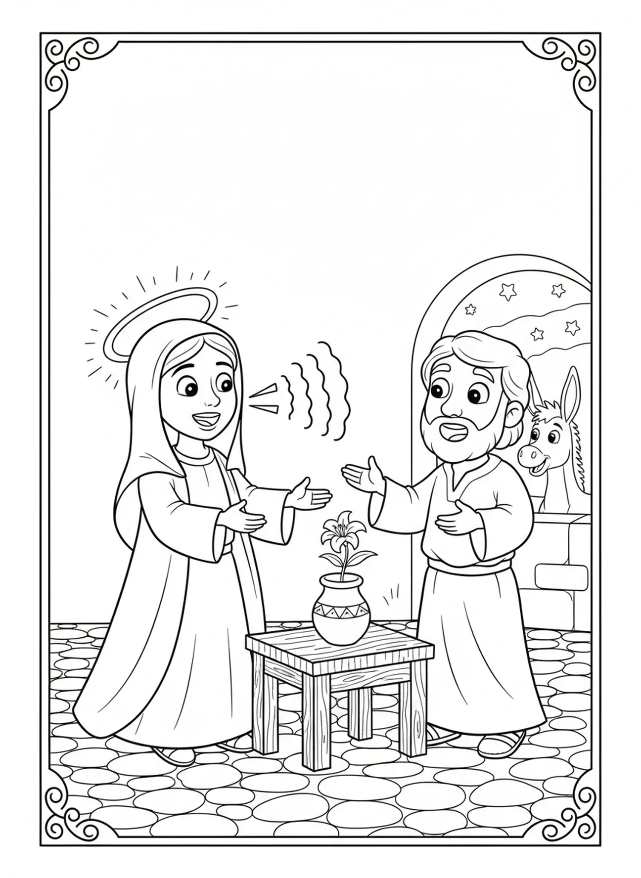 Mary and Joseph, Annunciation coloring page for kids age 5-10