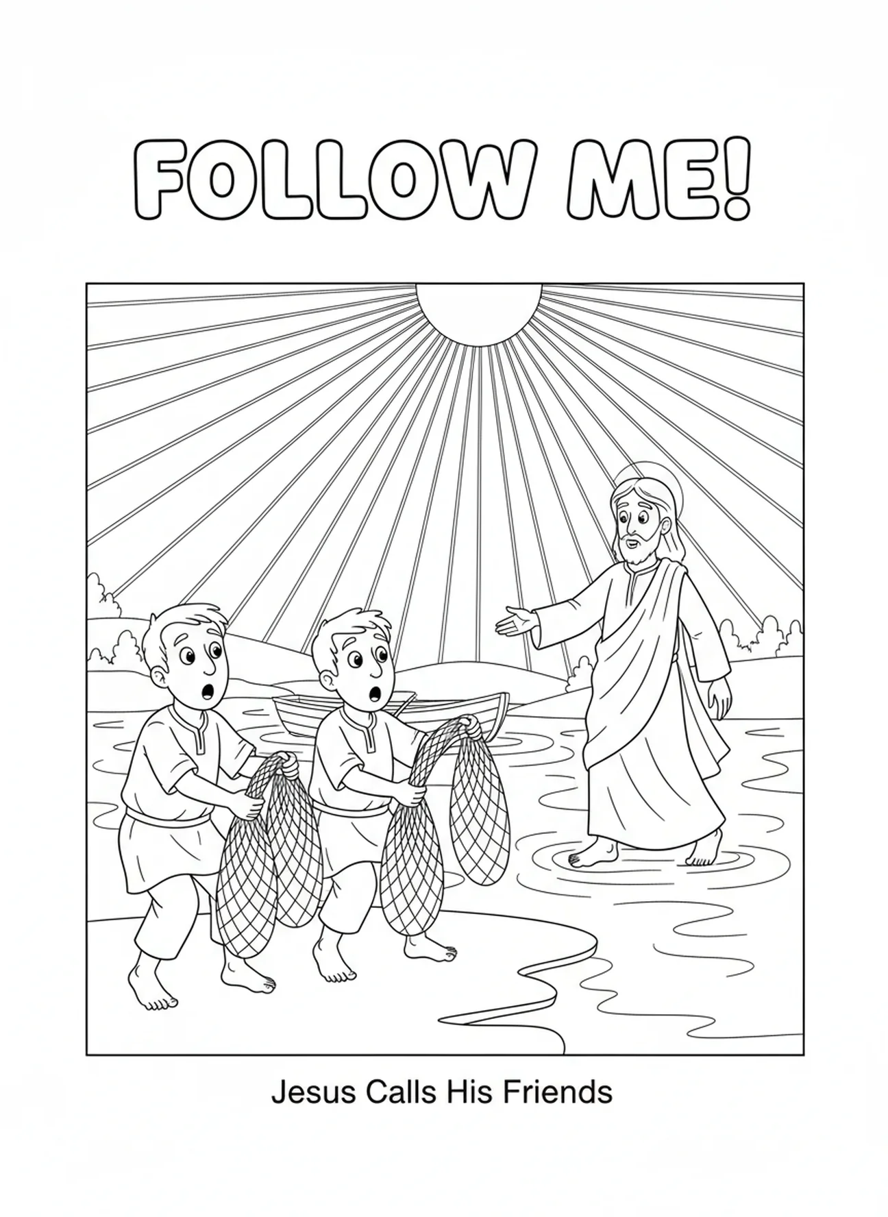 Fishermen leaving nets, Calling Disciples coloring page for kids age 5-10