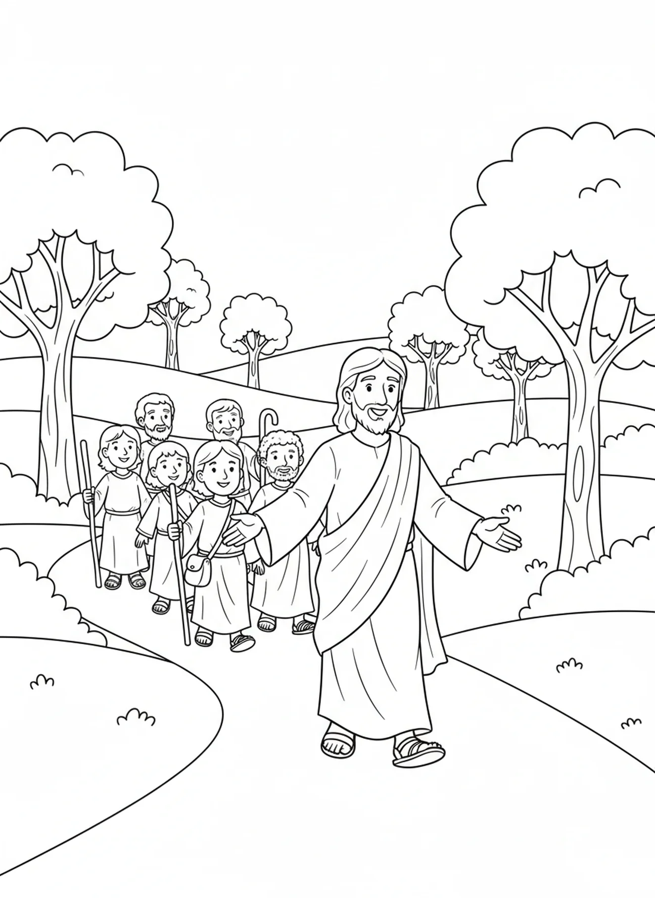 Jesus and disciples walking, Calling Disciples coloring page for kids age 5-10