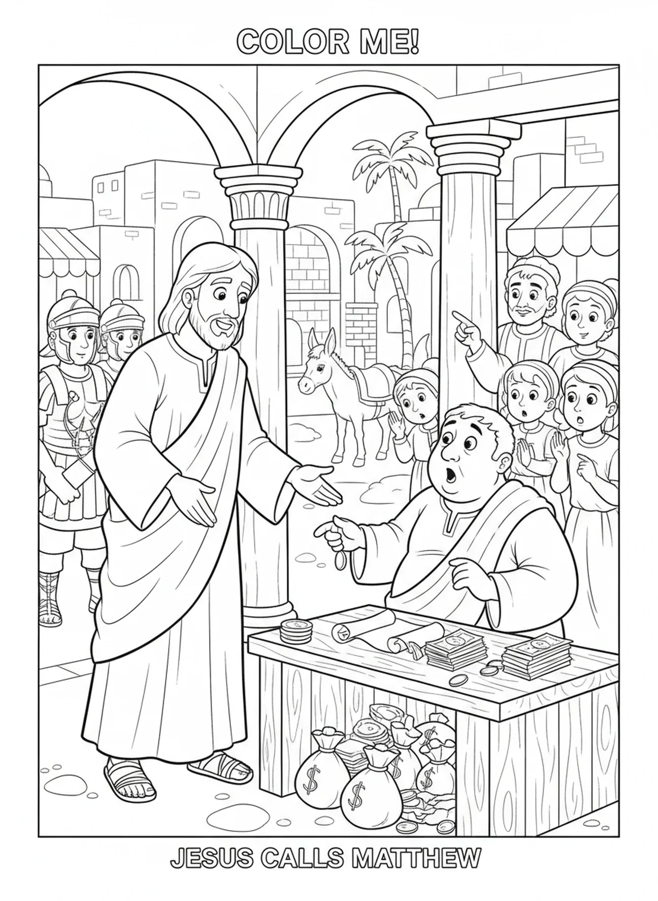 Jesus calling Matthew, Calling Disciples coloring page for kids age 5-10
