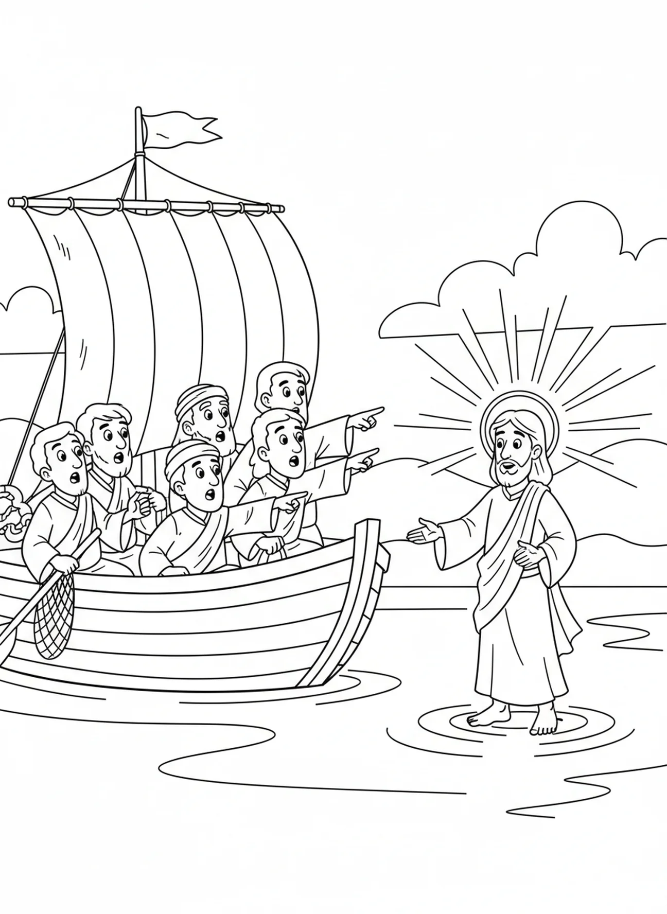 Disciples in awe of Jesus, Calming The Storm coloring page for kids age 5-10