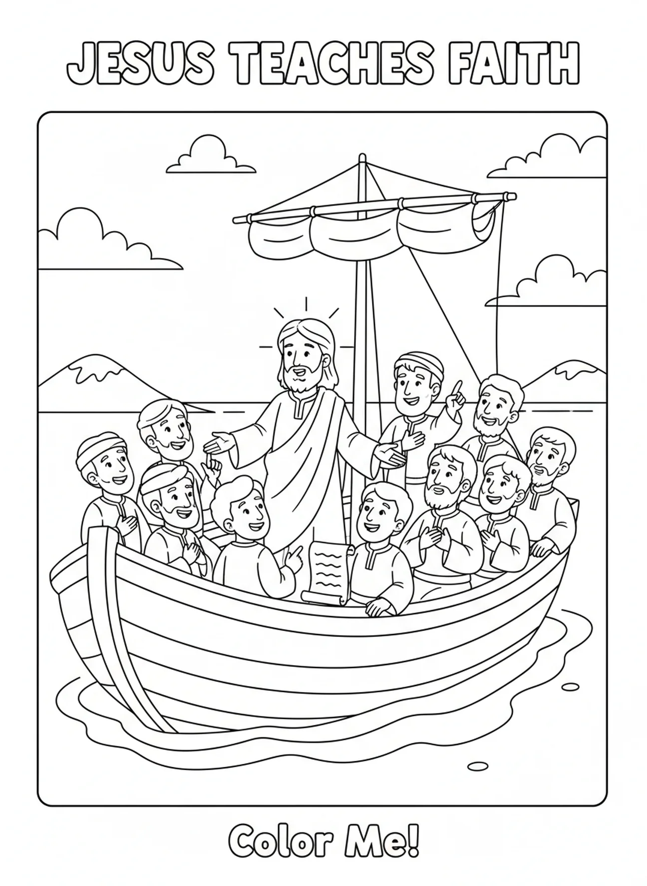 Jesus teaching disciples after storm, Calming The Storm coloring page for kids age 5-10