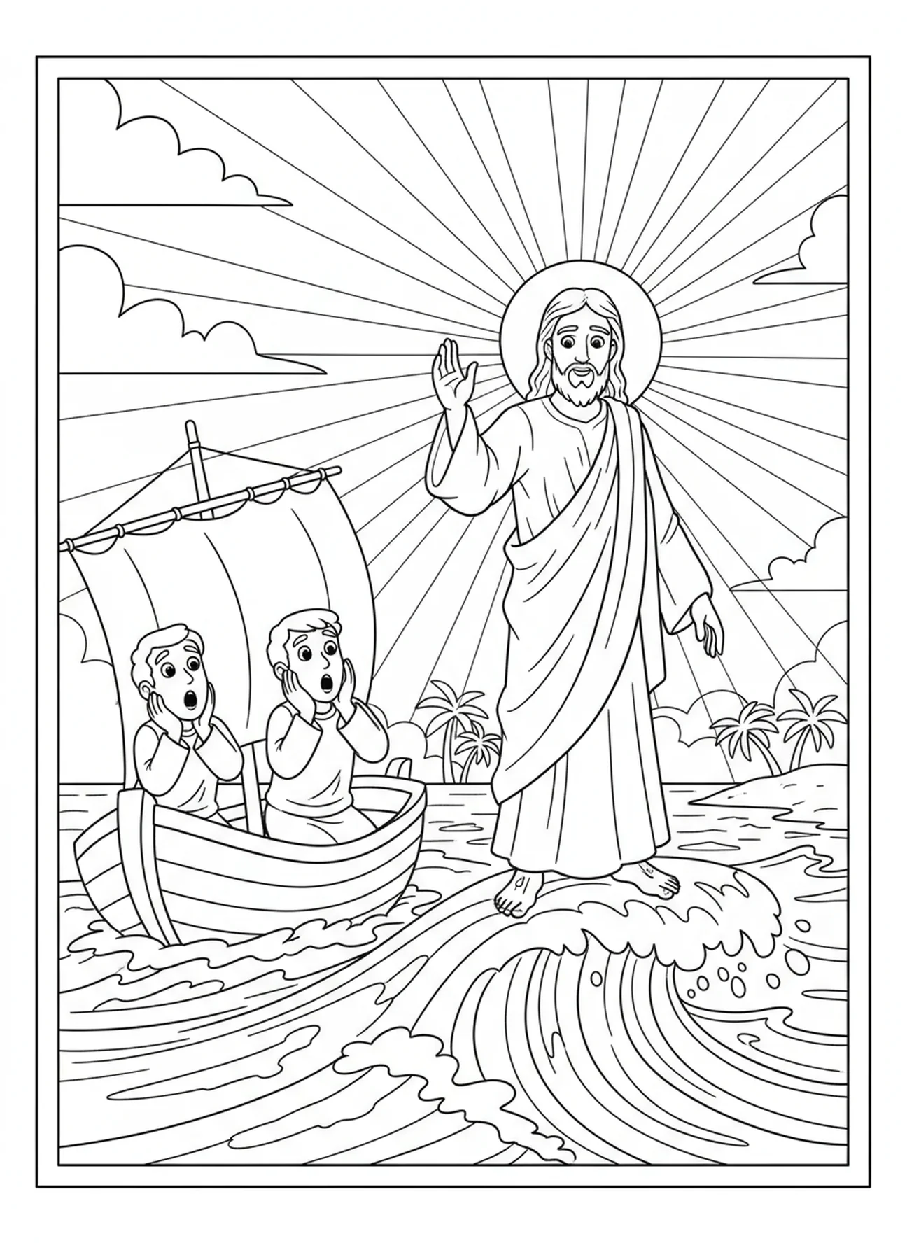 Jesus calming storm with raised hand, Calming The Storm coloring page for kids age 5-10