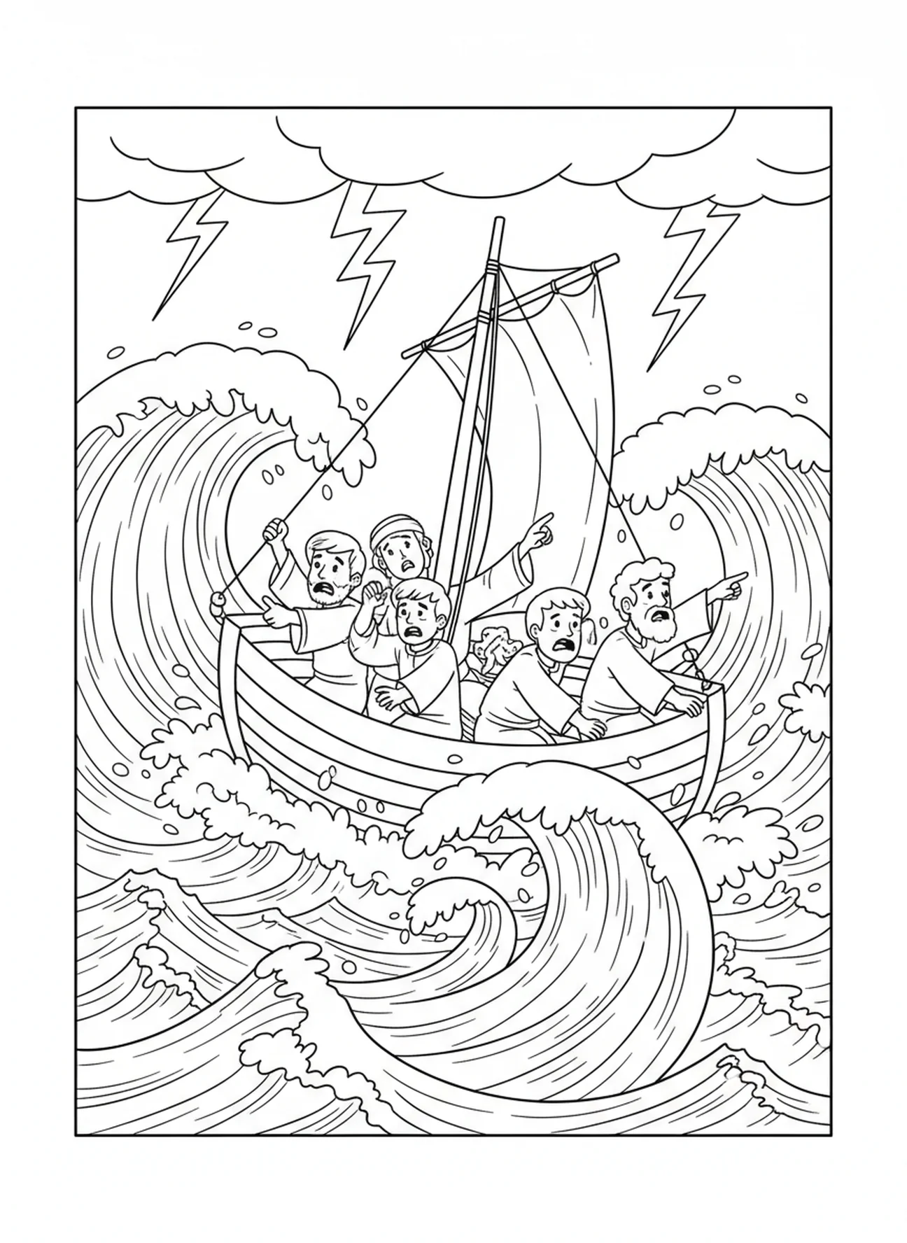 Rocking boat on stormy sea, Calming The Storm coloring page for kids age 5-10