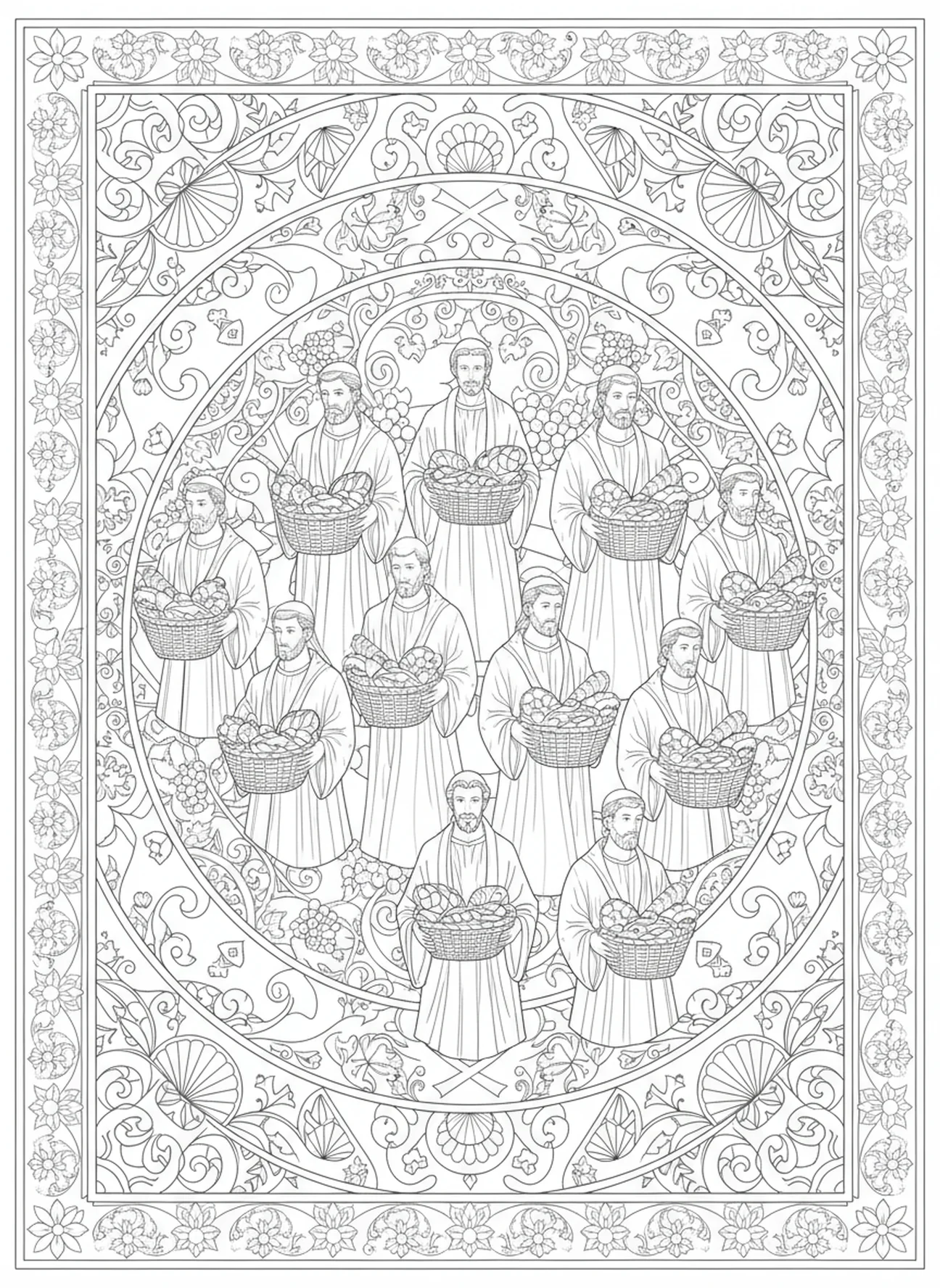 Disciples with baskets of bread and fish, Feeding 5000 coloring page for adults Bible journaling style.