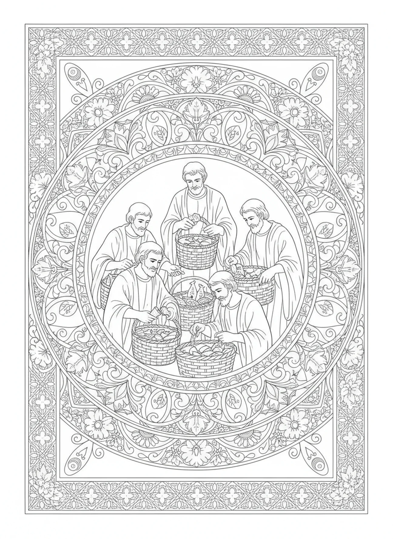 Disciples gathering leftovers, Feeding 5000 coloring page for adults Bible journaling style.
