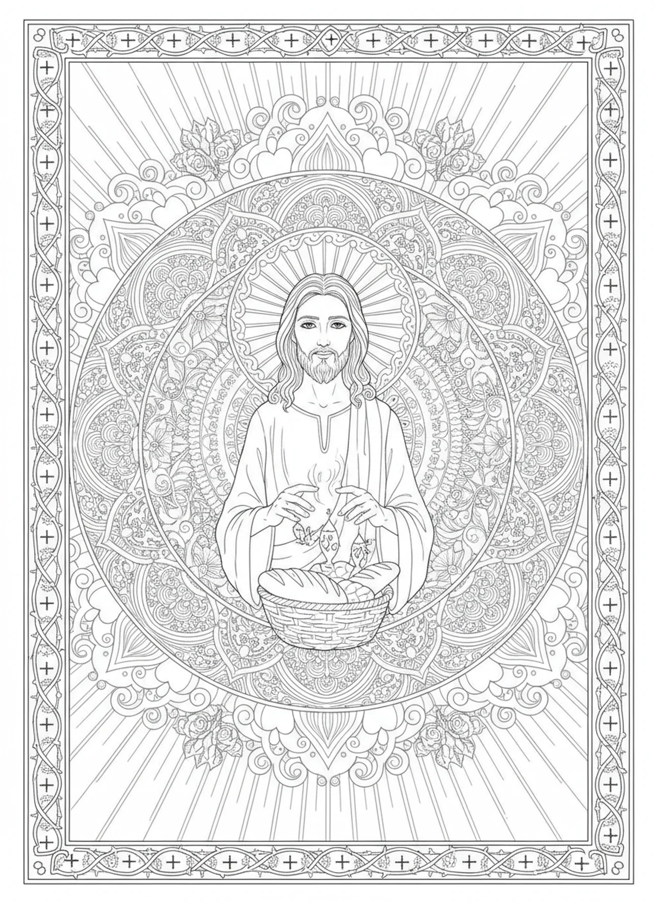 Jesus blessing loaves and fishes, Feeding 5000 coloring page for adults Bible journaling style.