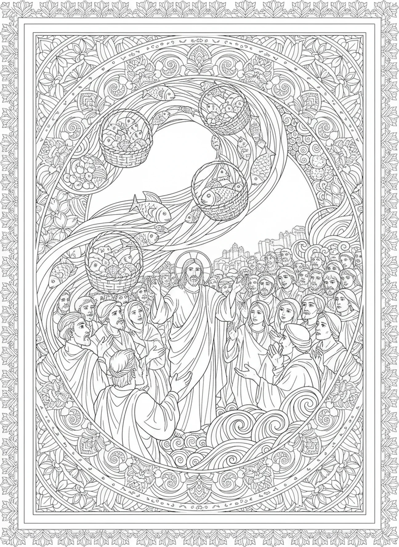 Miracle of food multiplication, Feeding 5000 coloring page for adults Bible journaling style.