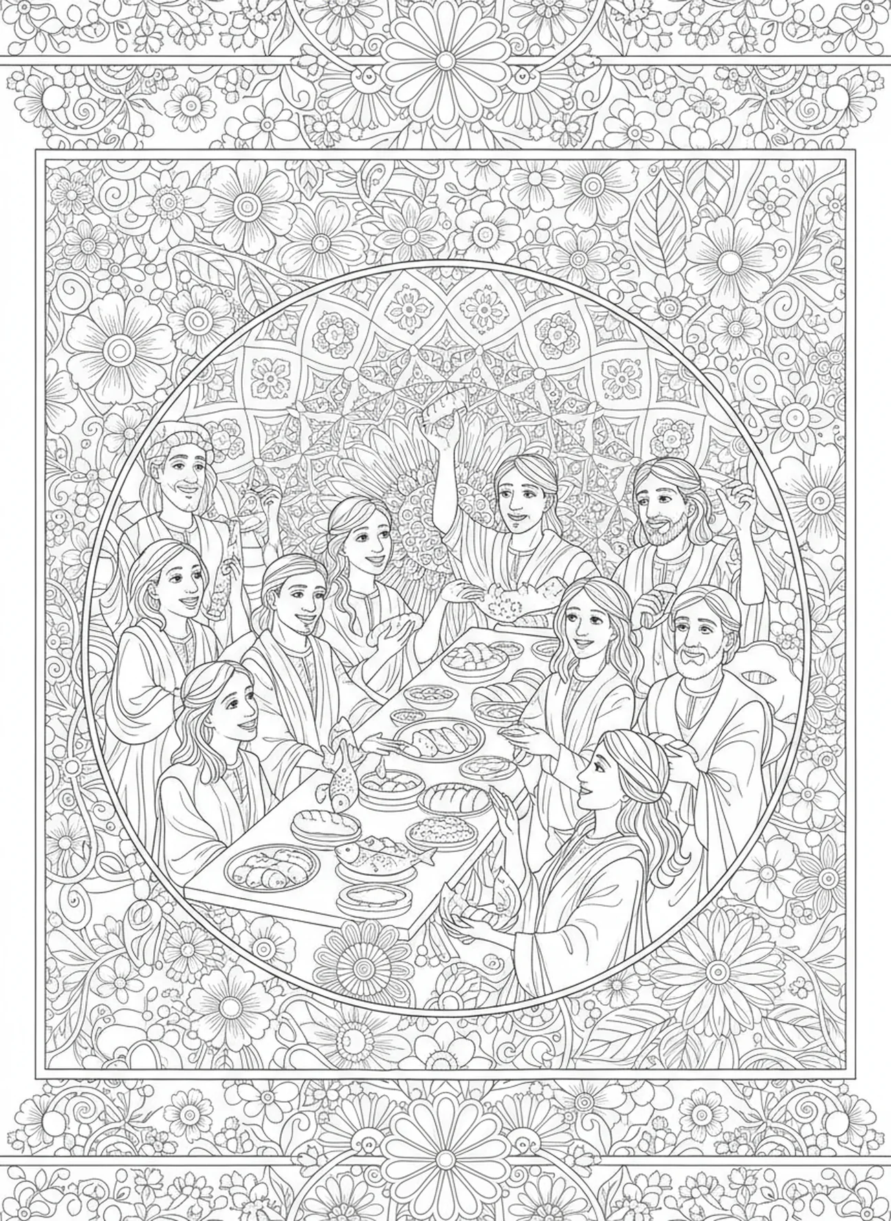 People enjoying bread and fish, Feeding 5000 coloring page for adults Bible journaling style.