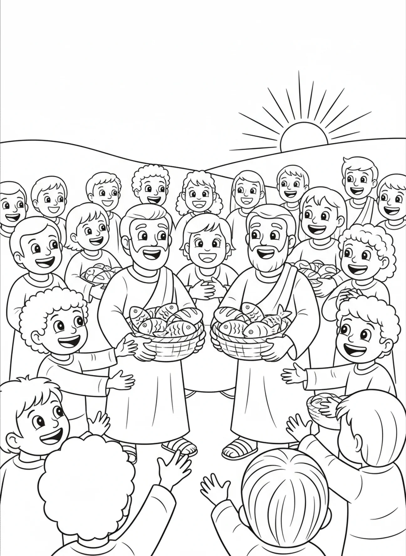 Crowd receiving food, Feeding 5000 coloring page for kids age 5-10