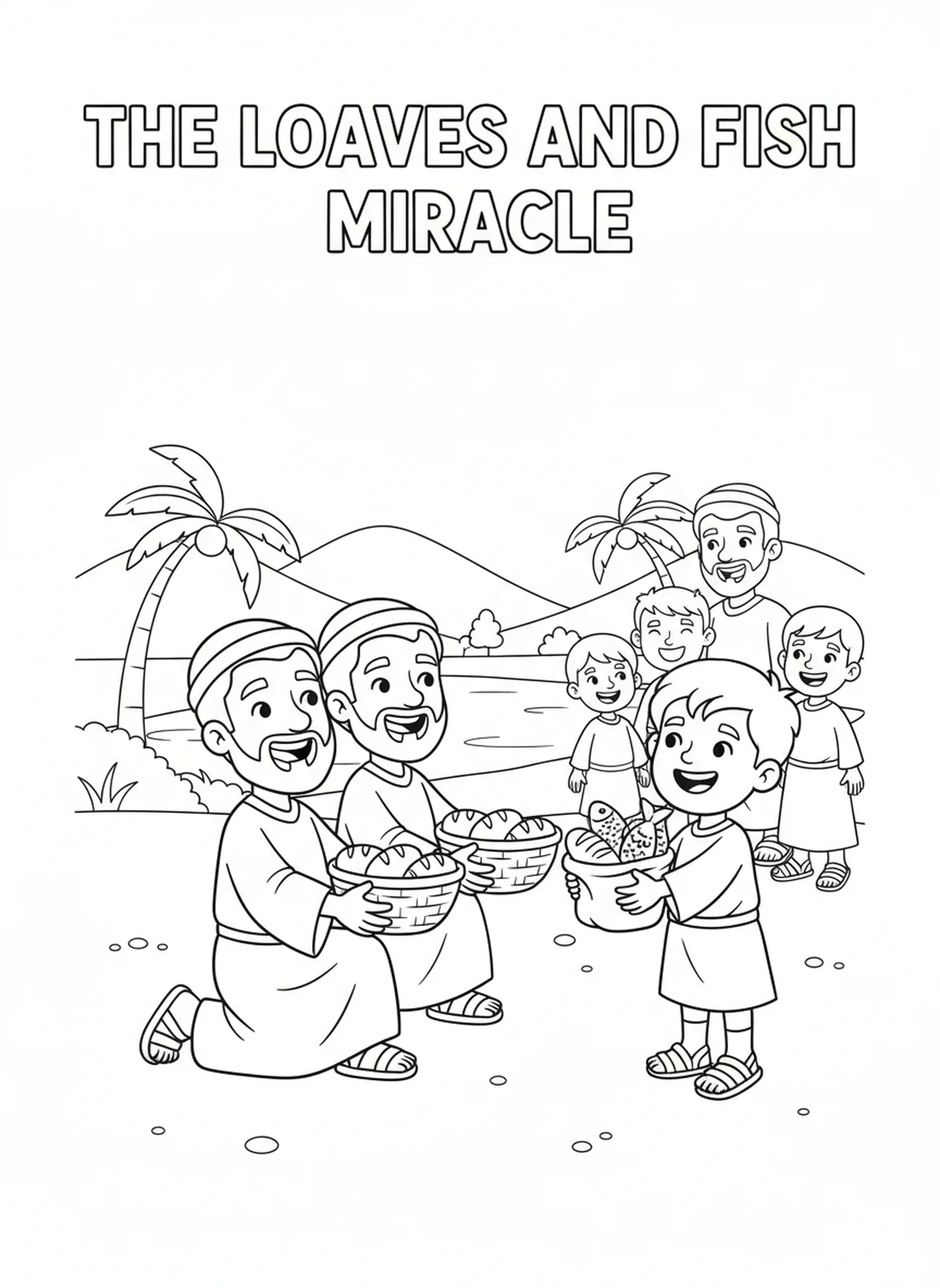 Two disciples with food, Feeding 5000 coloring page for kids age 5-10