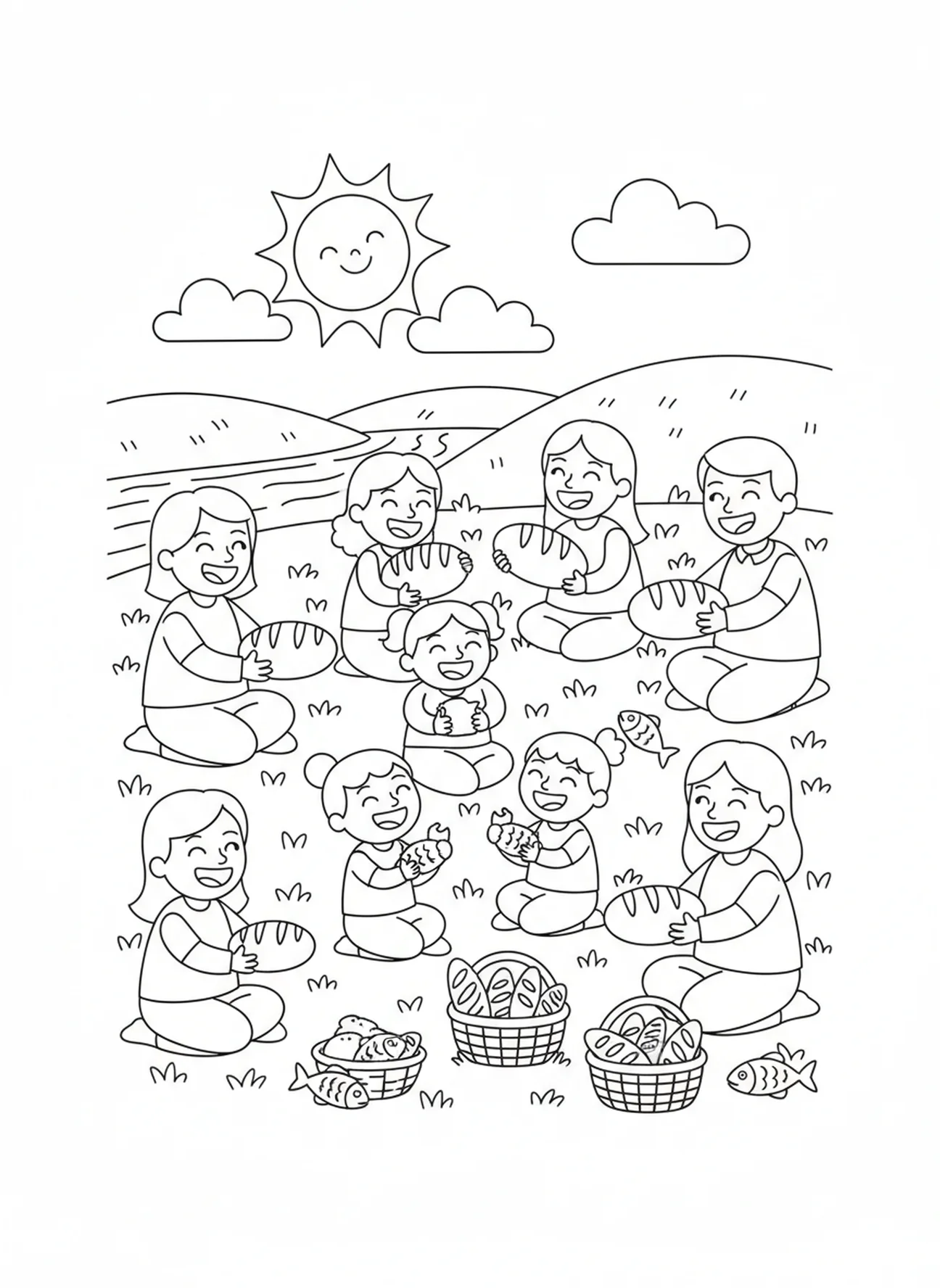 Families sharing food, Feeding 5000 coloring page for kids age 5-10