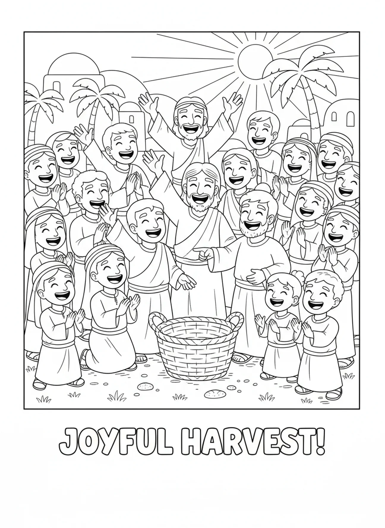 Jesus and disciples celebrating, Feeding 5000 coloring page for kids age 5-10