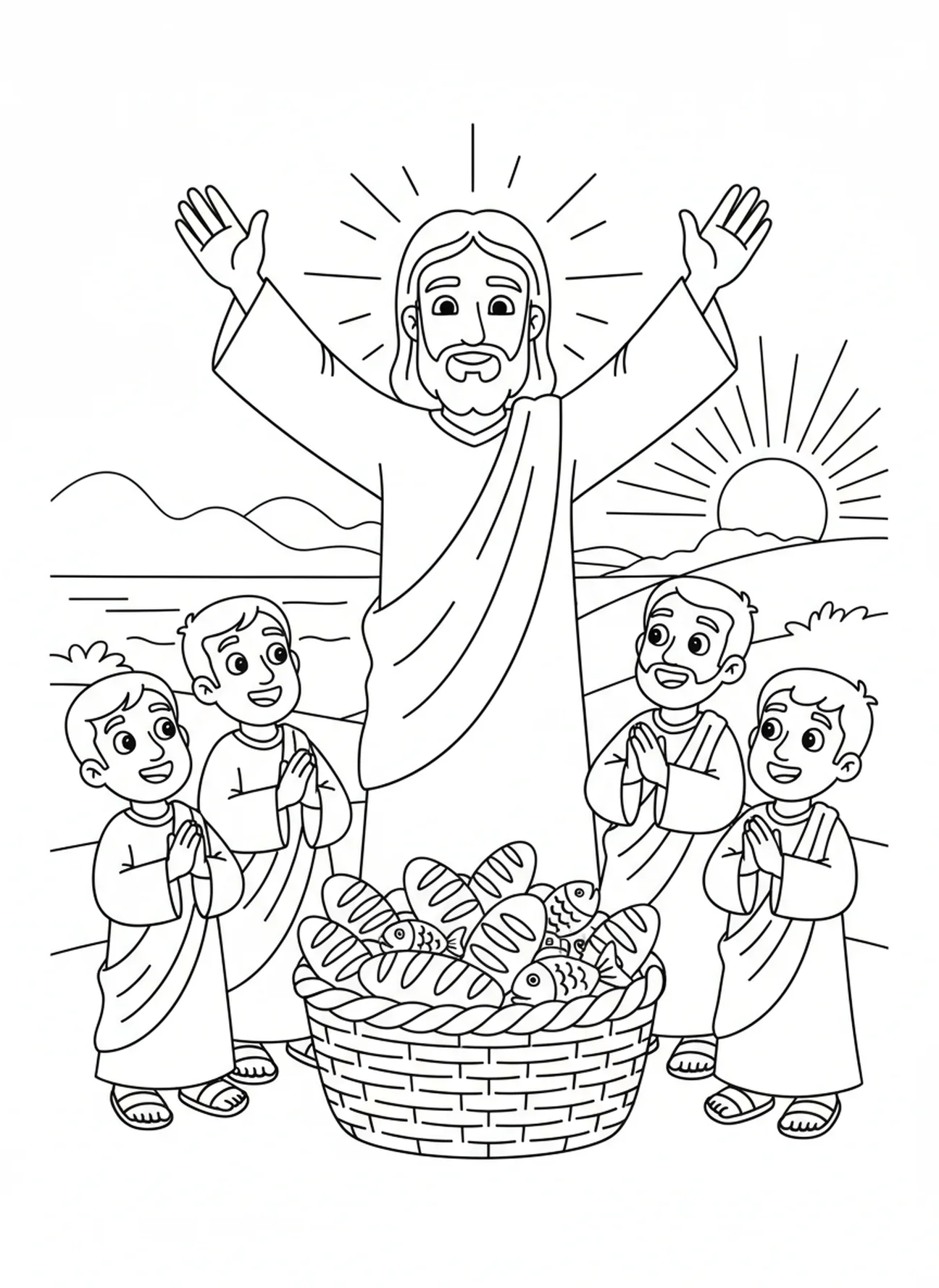 Jesus blessing food, Feeding 5000 coloring page for kids age 5-10