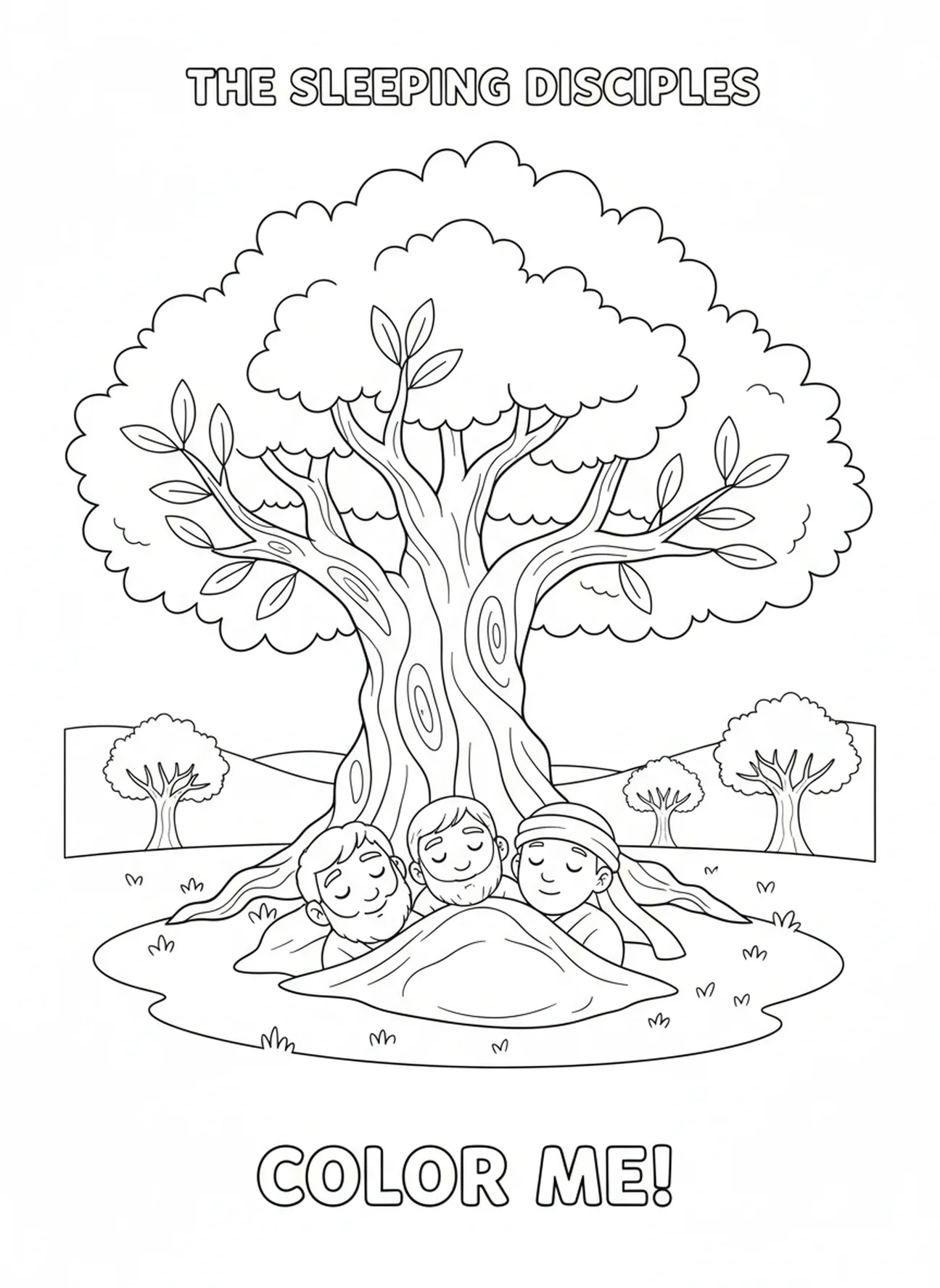 Drei schlafende Jünger, Gethsemane Ausmalbild für Kinder im Alter von 5-10 Jahren