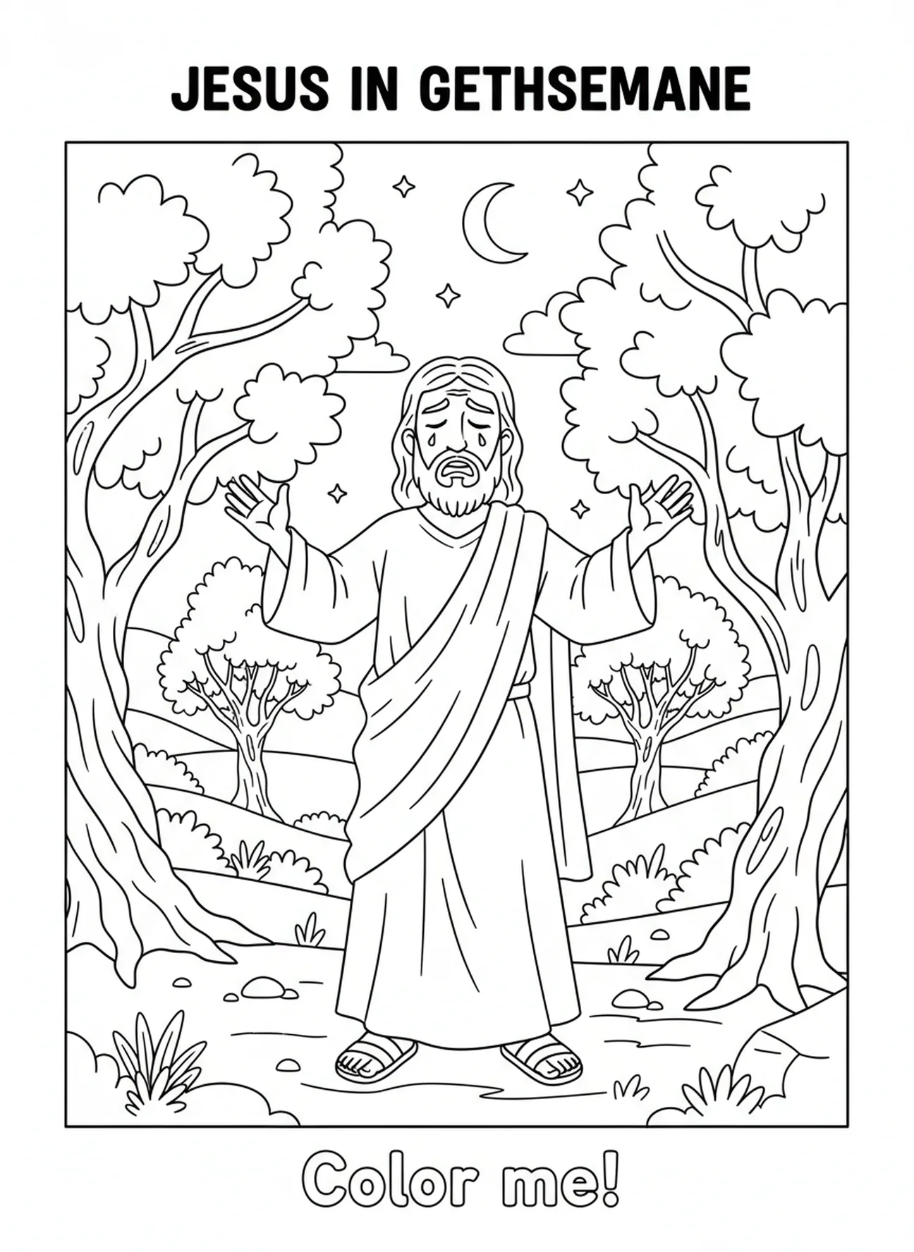 Jesus in Angst im Garten, Gethsemane Ausmalbild für Kinder im Alter von 5-10 Jahren