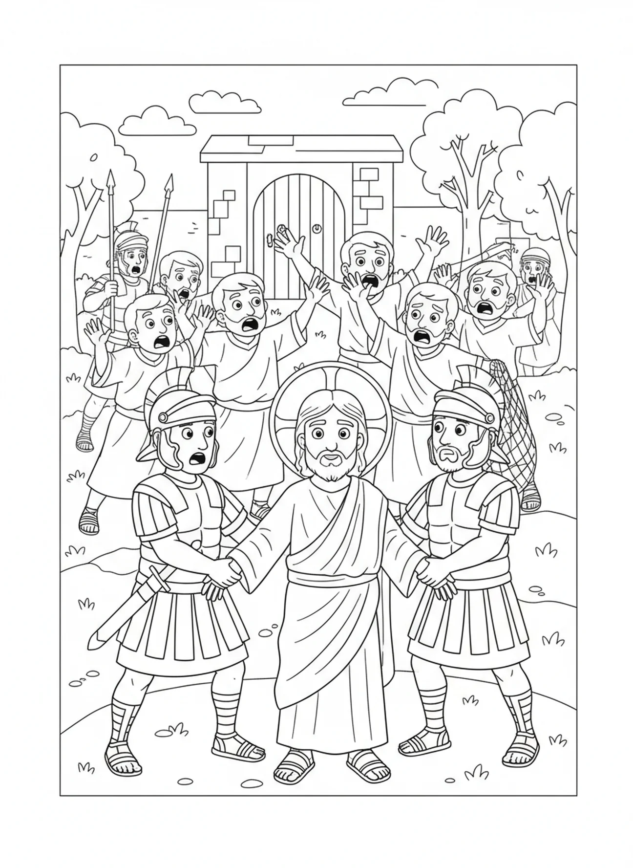 Jesus wird verhaftet, Gethsemane Ausmalbild für Kinder im Alter von 5-10 Jahren