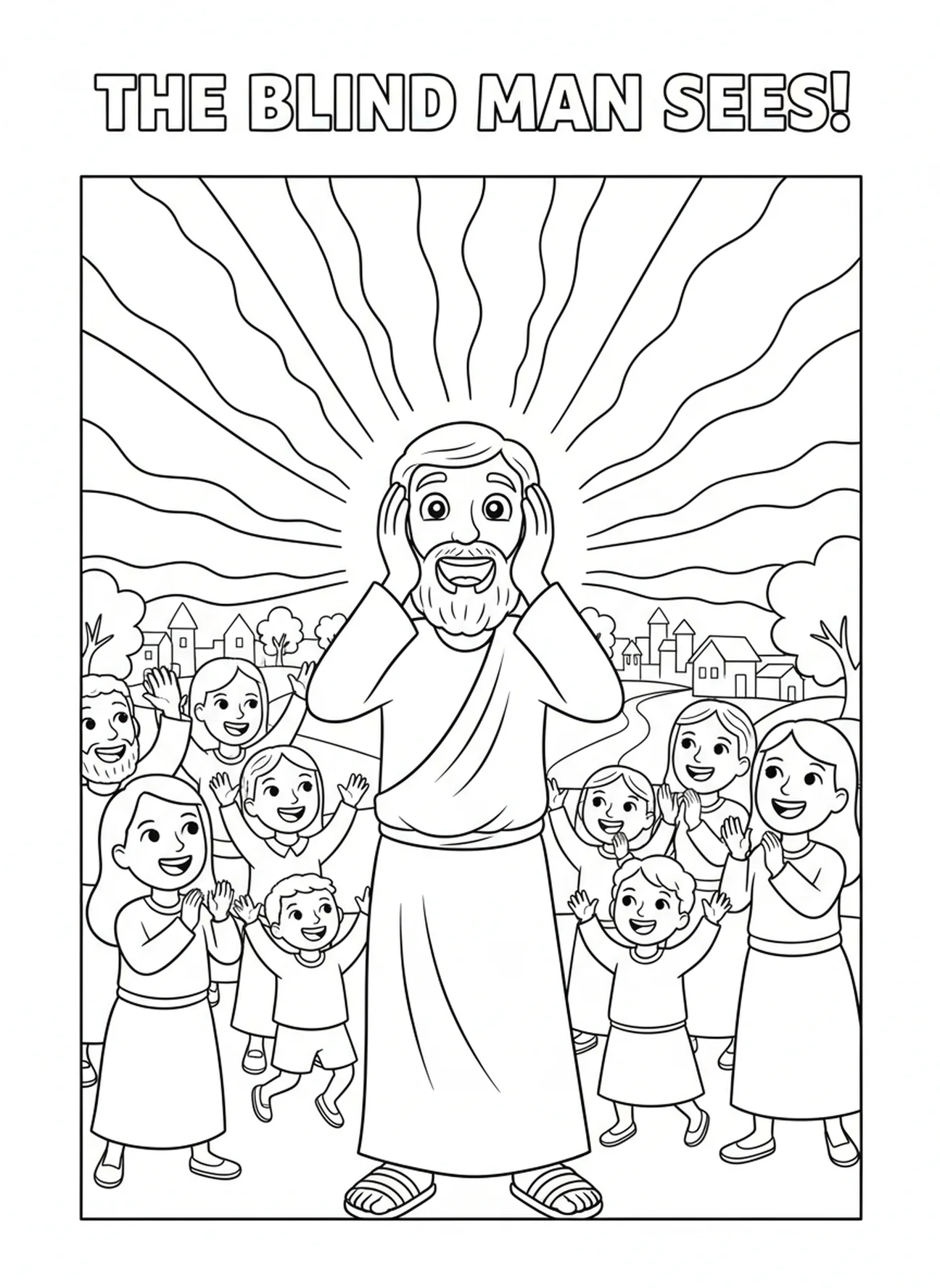 Der blinde Mann sieht freudig, Ausmalbild Heilung des Blinden für Kinder im Alter von 5-10 Jahren