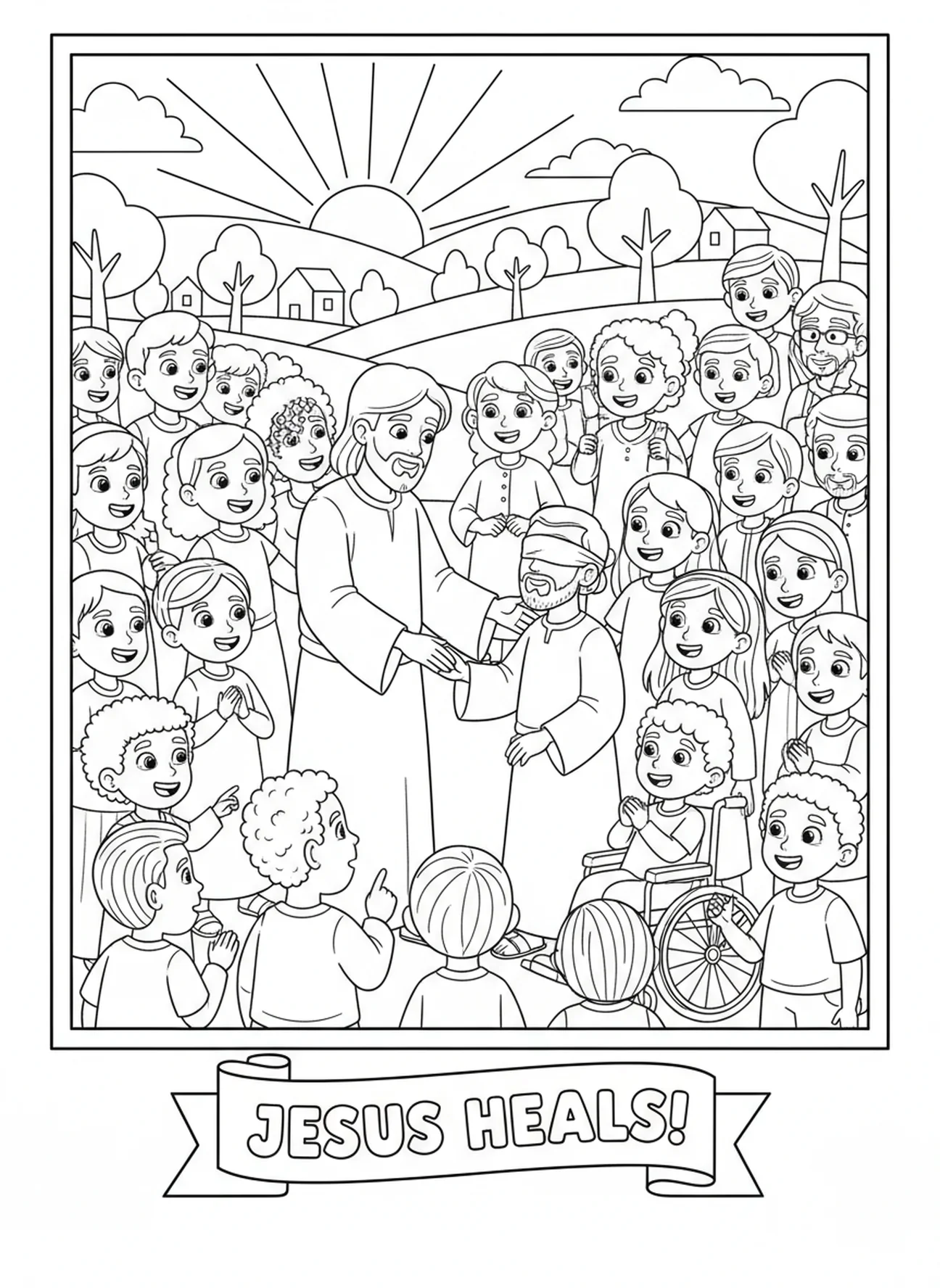 Vielfältige Menge sieht Jesus, Heilung des Blinden Ausmalbild für Kinder im Alter von 5-10 Jahren
