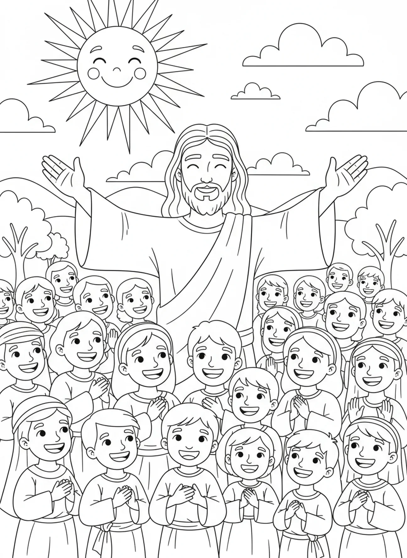 Jesus segnet die Menge, Heilung des Blinden Ausmalbild für Kinder im Alter von 5-10 Jahren
