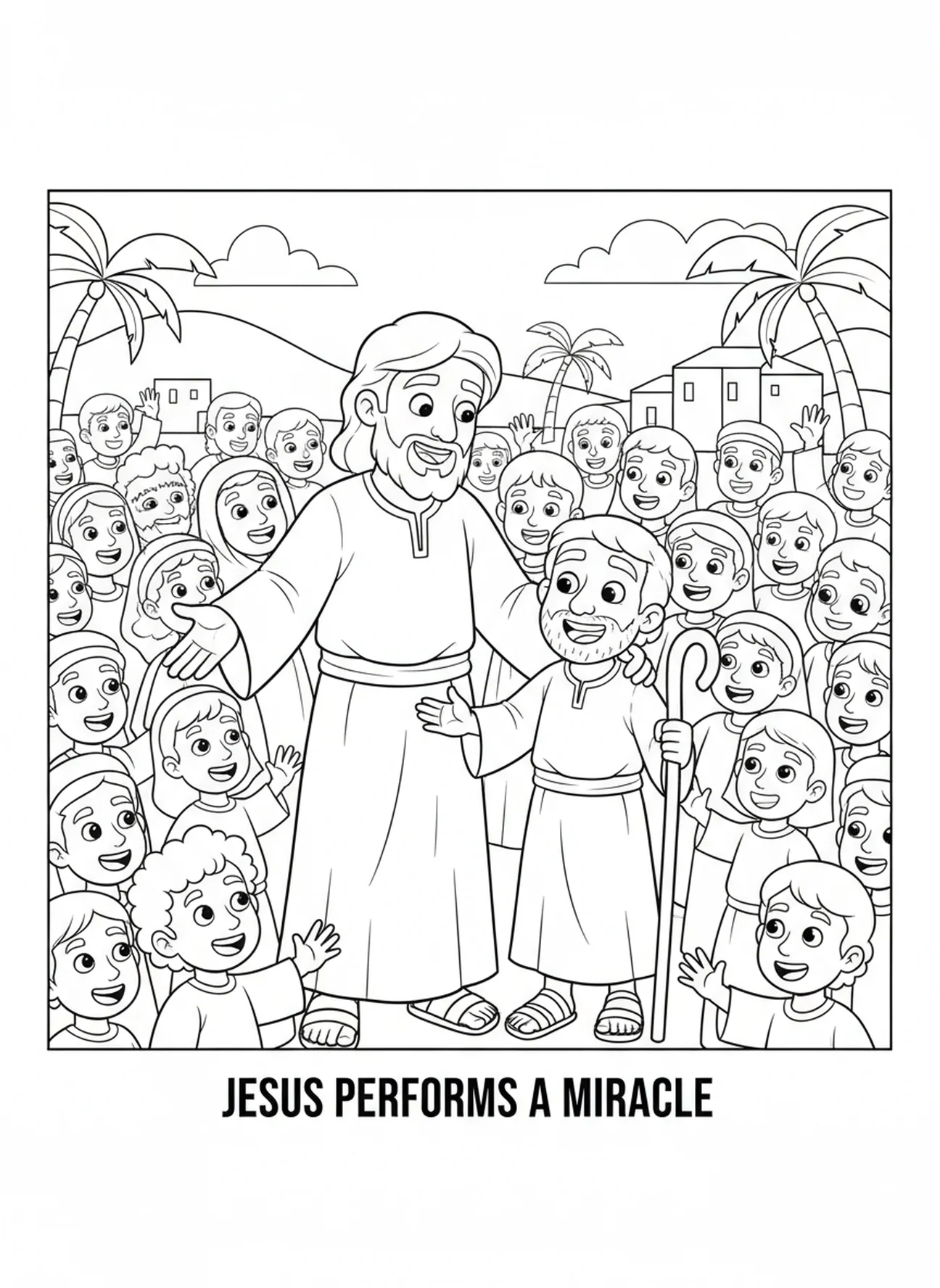 Jesus erklärt das Heilungswunder, Ausmalbild Heilung des Blinden für Kinder im Alter von 5-10 Jahren