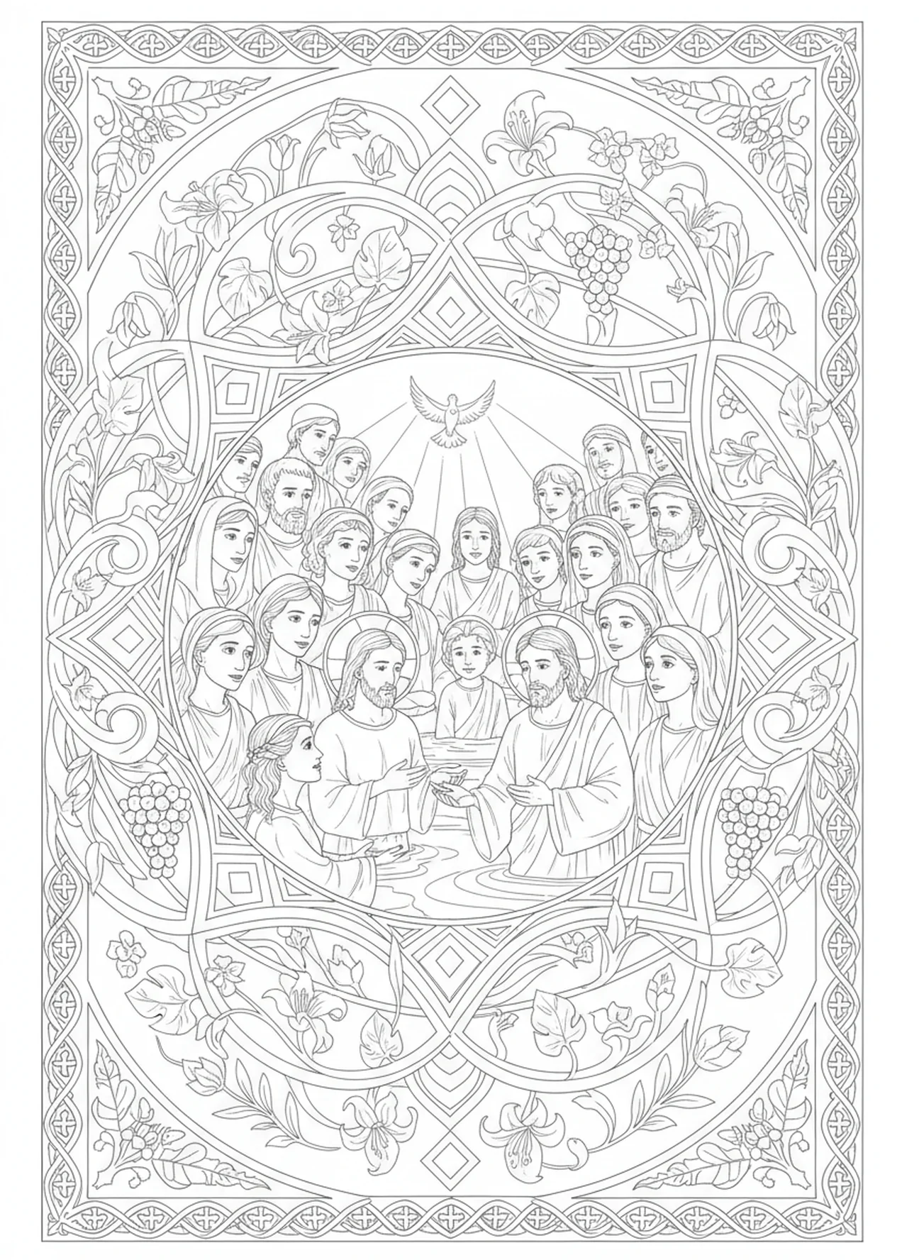 Menschenmenge, die die Taufe beobachtet, Ausmalbild zur Taufe Jesu im Stil des Bibeljournaling für Erwachsene