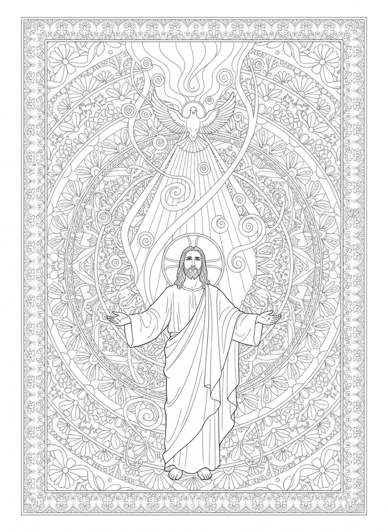 Himmel öffnet sich mit Taube, Ausmalbild zur Taufe Jesu im Stil des Bibeljournaling für Erwachsene