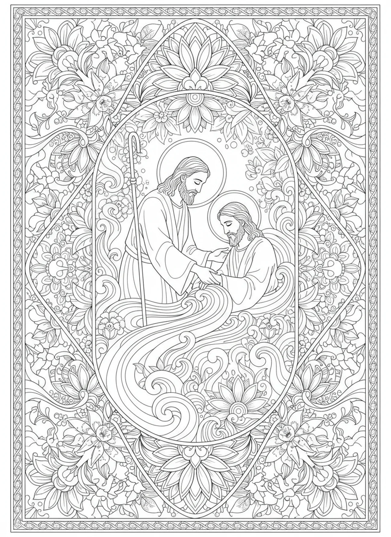 Johannes tauft Jesus, Ausmalbild zur Taufe Jesu für Erwachsene im Bibel-Journaling-Stil