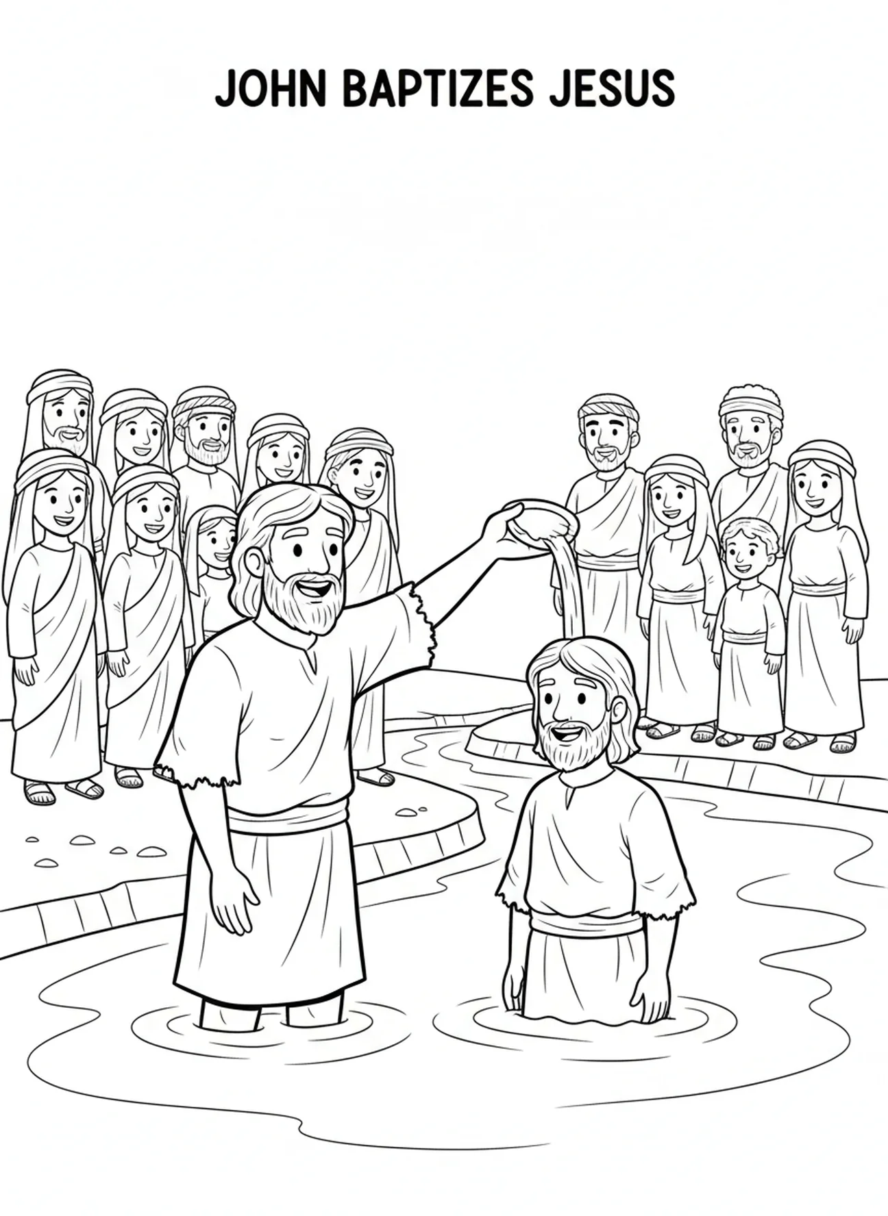 John pouring water on Jesus, Jesus Baptism coloring page for kids age 5-10