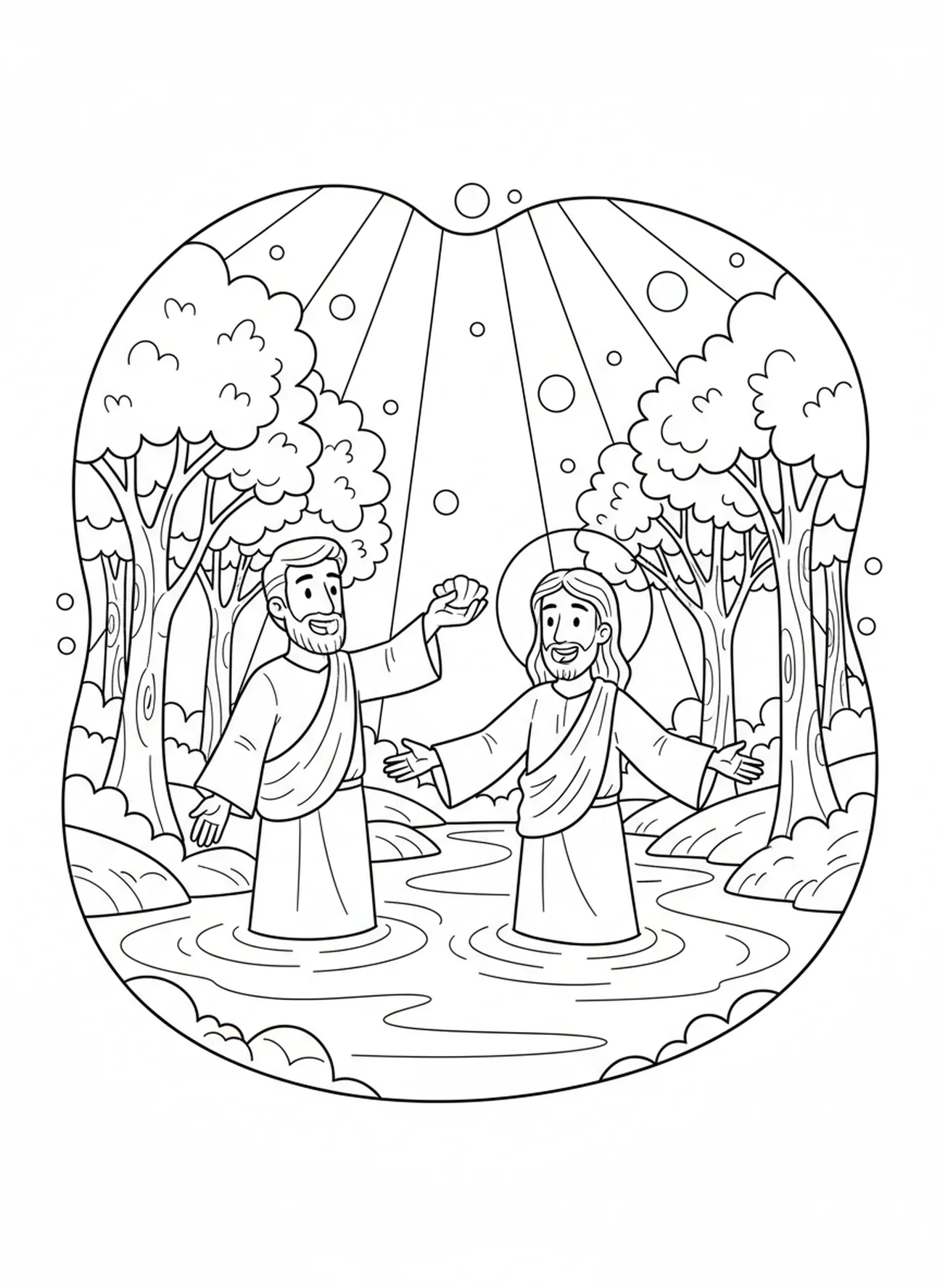 Joyful moment of blessing, Jesus Baptism coloring page for kids age 5-10