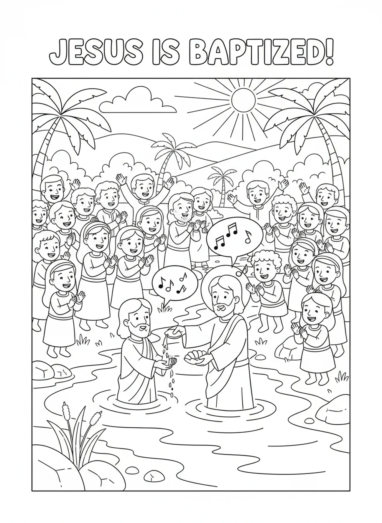 Diverse crowd cheering, Jesus Baptism coloring page for kids age 5-10
