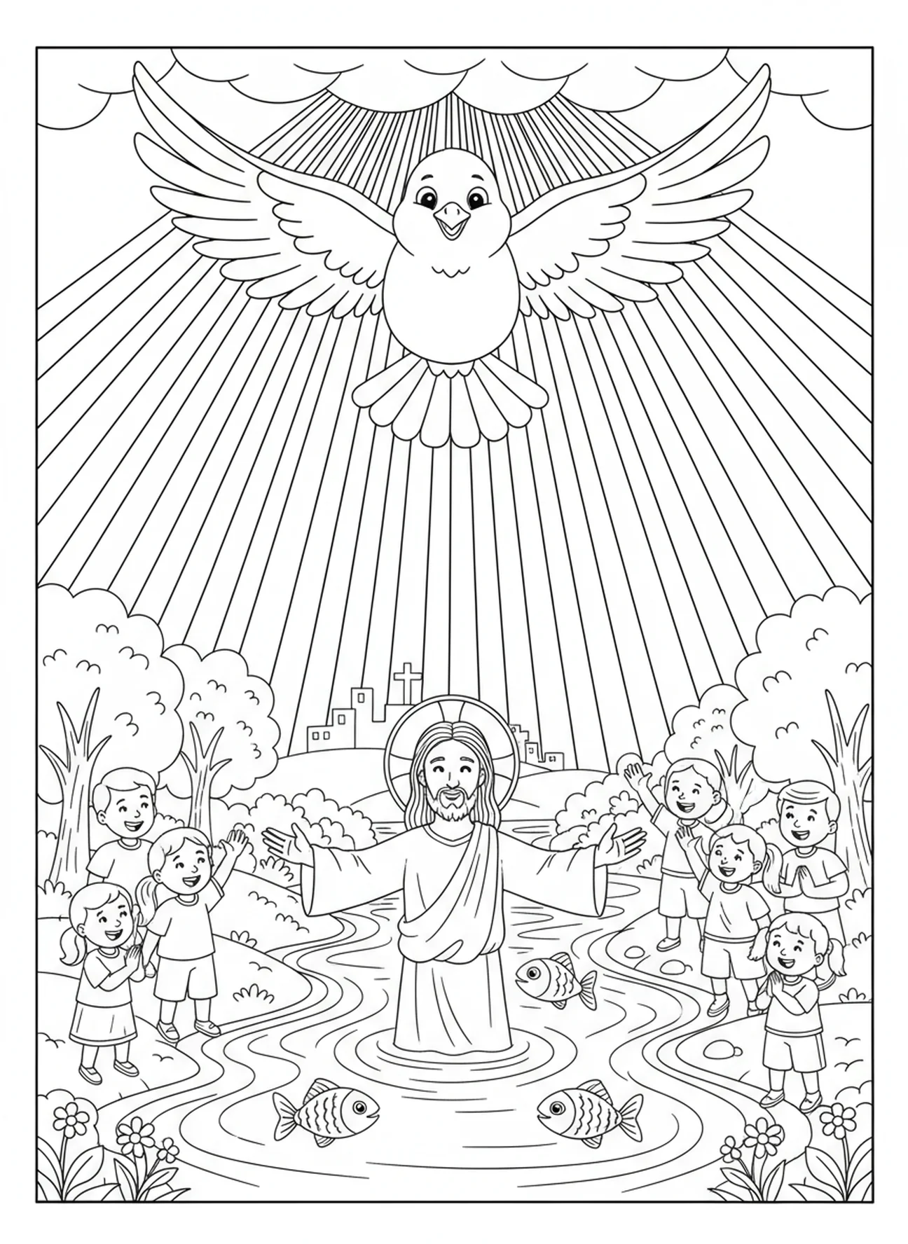 Dove descending from the heavens, Jesus Baptism coloring page for kids age 5-10