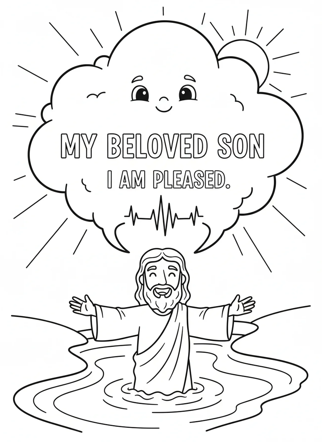 Voice from the cloud, Jesus Baptism coloring page for kids age 5-10