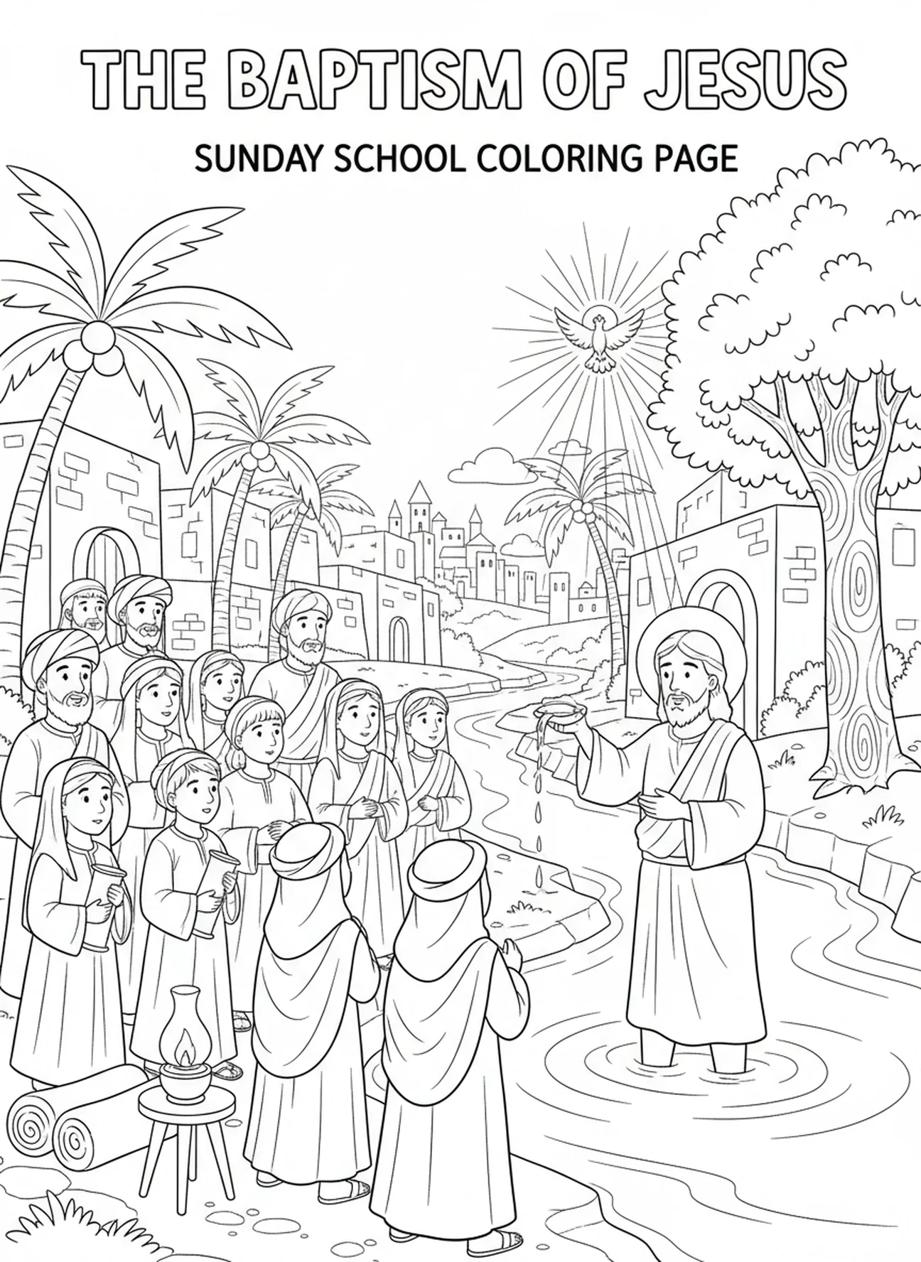 Vielfältige Menschenmenge am Ufer, Ausmalbild zur Taufe Jesu für Sonntagsschulkinder im Alter von 5-12 Jahren.