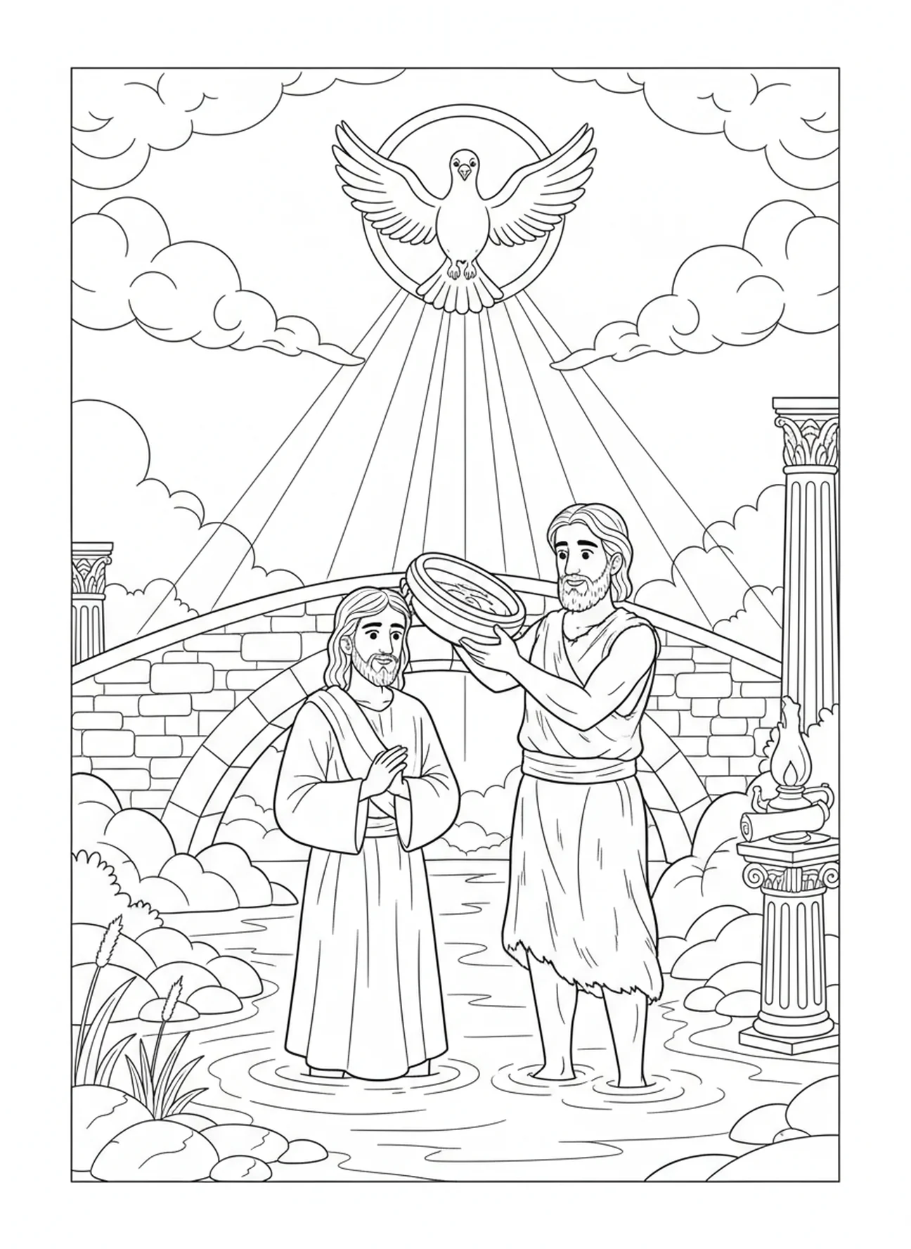 Taube, die vom Himmel herabsteigt, Ausmalbild zur Taufe Jesu für Kinder in der Sonntagsschule im Alter von 5-12 Jahren.